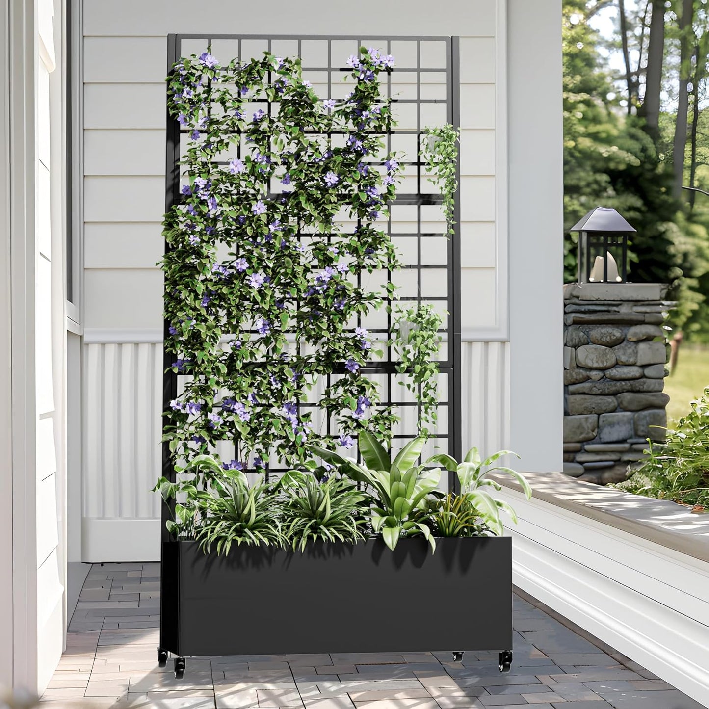 Casaphoria Metal Raised Garden Bed with Trellis and Wheels, 72"x47"x16" Arched Planter Box for Climbing Plants, Vegetables & Vines, Features Drainage Holes and Privacy Screen (Black-Fence)
