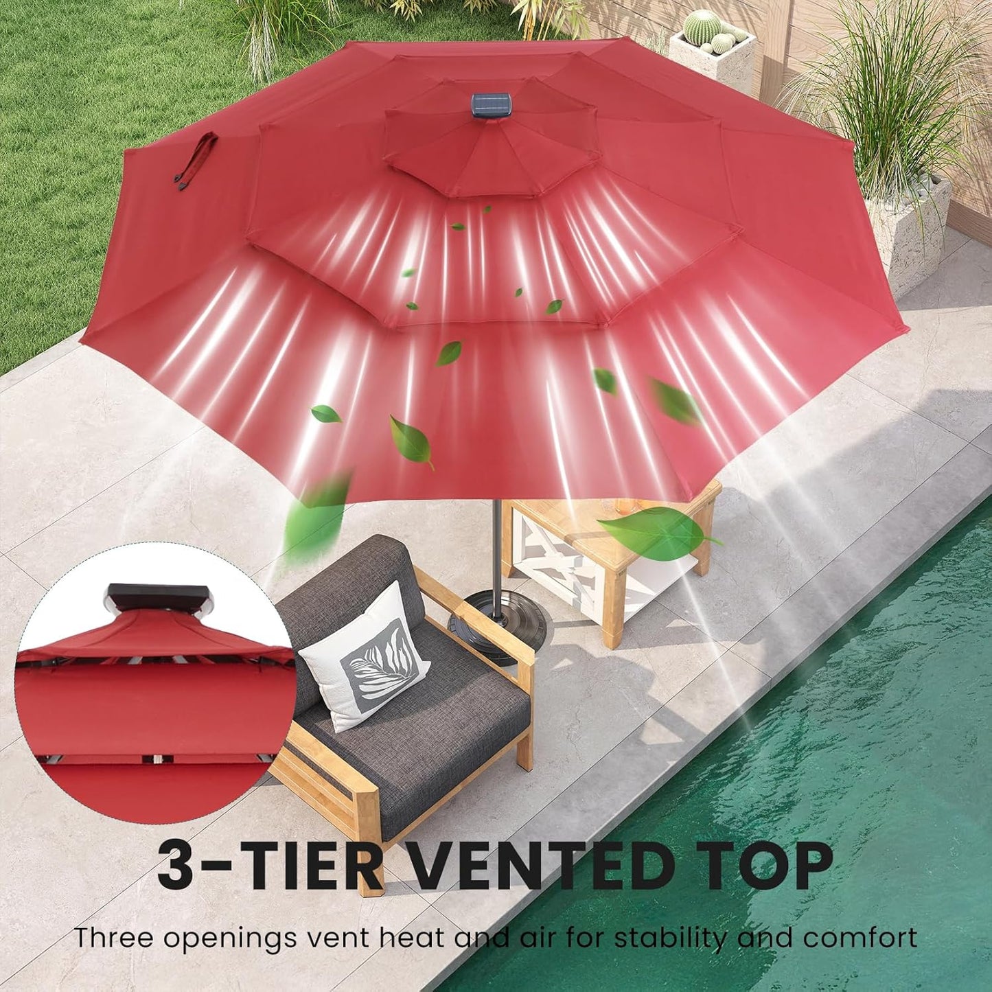 SMUG 10FT 3-Tier Solar Patio Umbrella with 32 LED Lights, Outdoor Umbrellas with Push Button Tilt and Crank, Tilting Table Umbrella with 8 Sturdy Ribs for Market, Beach, Pool, Garden, Deck, Backyard, Terrace, Restaurant, UV Protection, Red