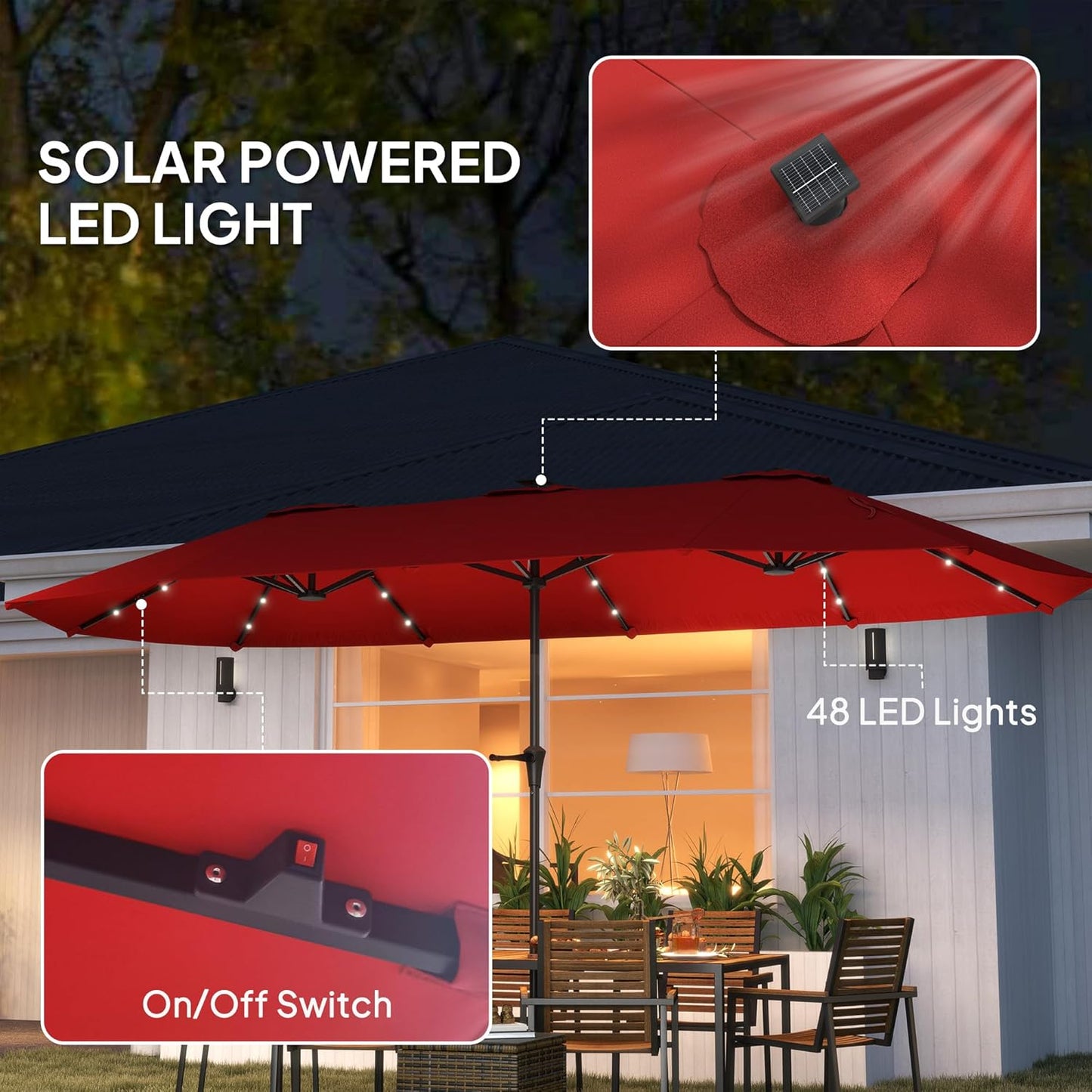 Outsunny 13ft Large Patio Umbrella with Solar Lights, Rectangular Double-Sided Outdoor Market Umbrella with Crank Handle and 48 LED Lights for Garden, Pool and Backyard, UPF 30+