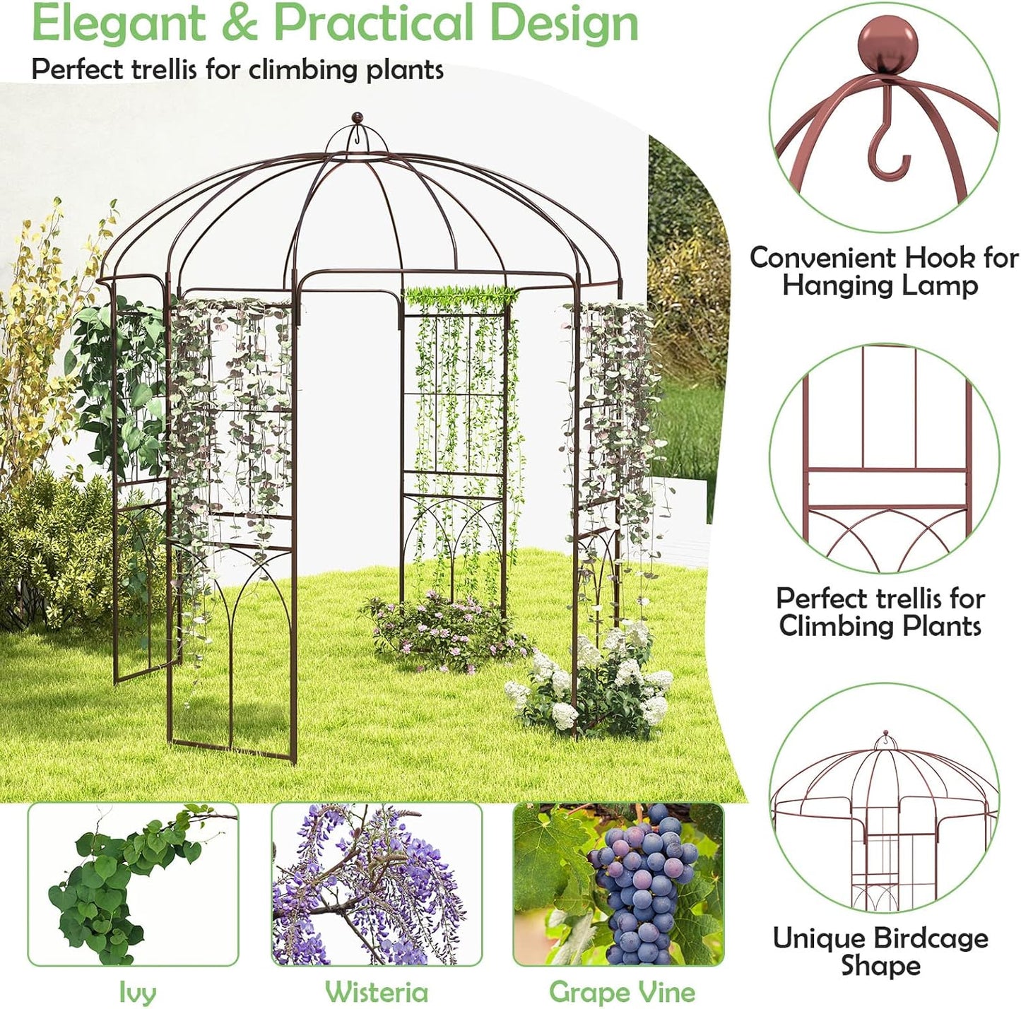 HAPPYGRILL Birdcage Shape Garden Arbor, 7 x 8.4 ft Heavy Duty Metal Garden Gazebo Pergola with Trellis, Garden Arch Trellis for for Climbing Plants Wedding Party Decor Outdoor Arch Pavilion for Lawn