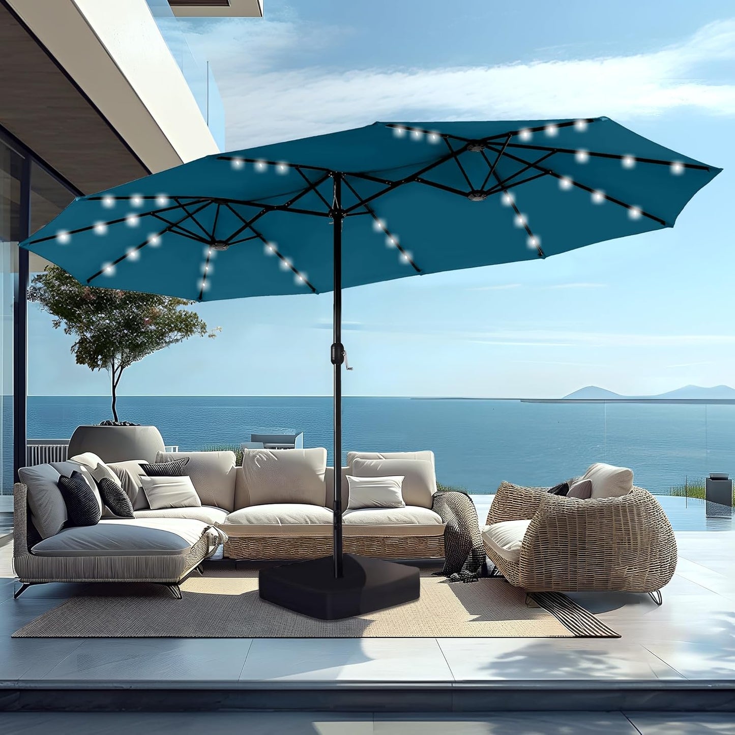 PHI VILLA 15ft Large Patio Umbrella with Base & Solar Lights, Double-Sided Outdoor Rectangle Umbrellas with 36 LED Lights, Umbrella for Outside with Stand, Beige