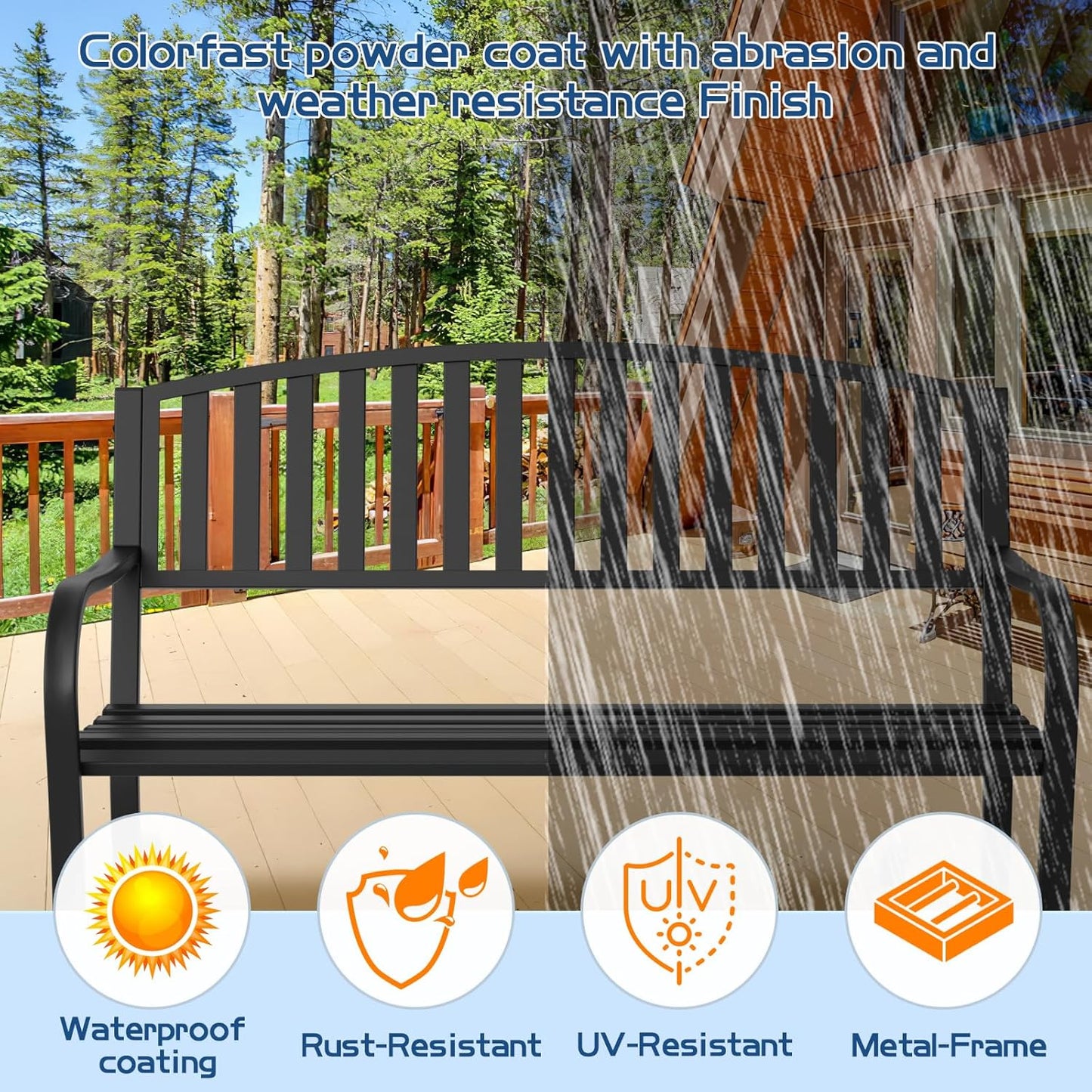 Outdoor Bench Garden Bench, Weatherproof Anti-Rust Heavy-Duty Outside Benches Clearance, Wrought Iron Metal Bench for Front Porch, Patio, Park