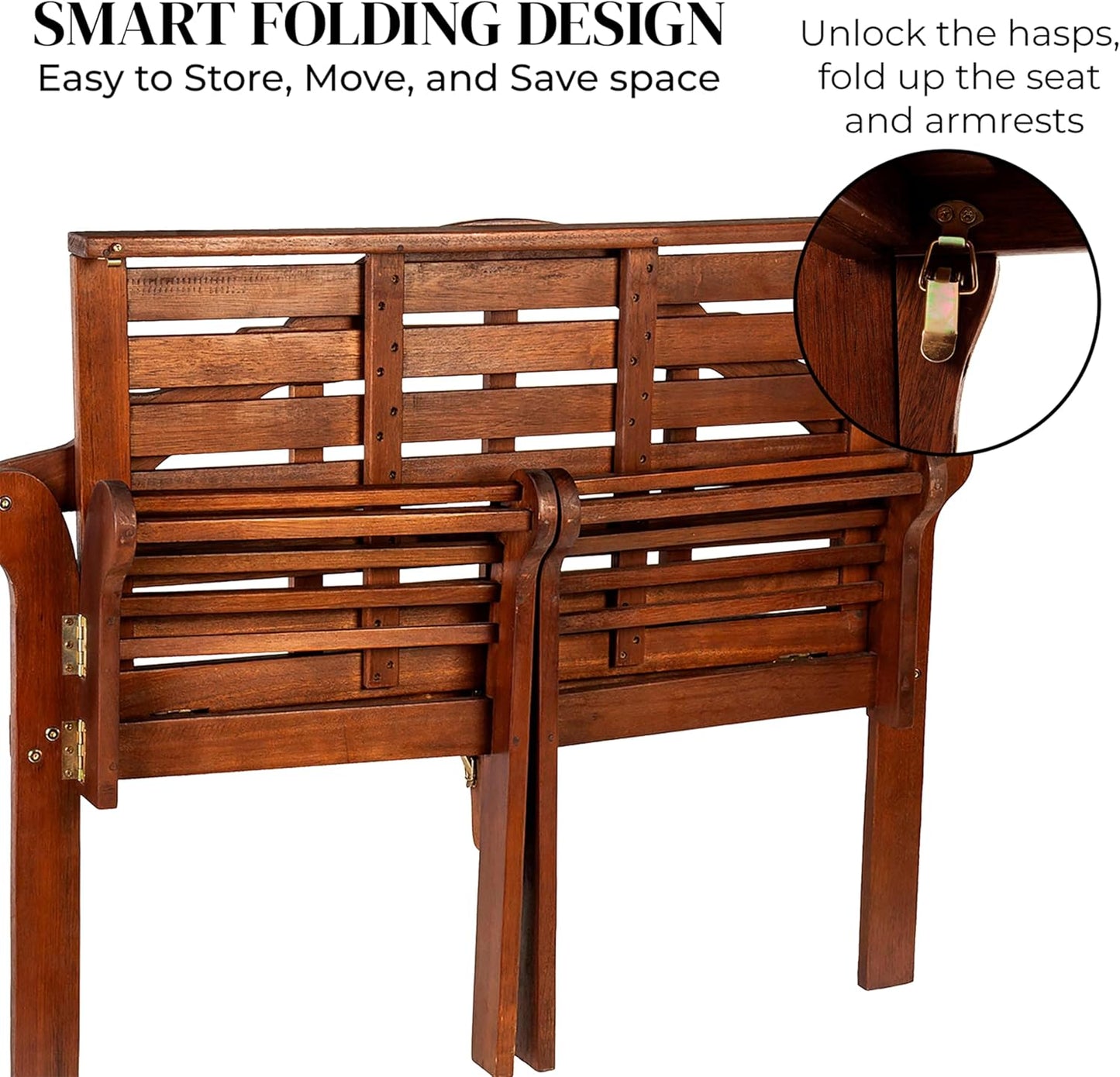 Plow & Hearth Weatherproof Lutyens Eucalyptus Wood Garden Bench | Foldable Patio Benches | Outdoor Furniture Seating for Porch Park Deck | Natural