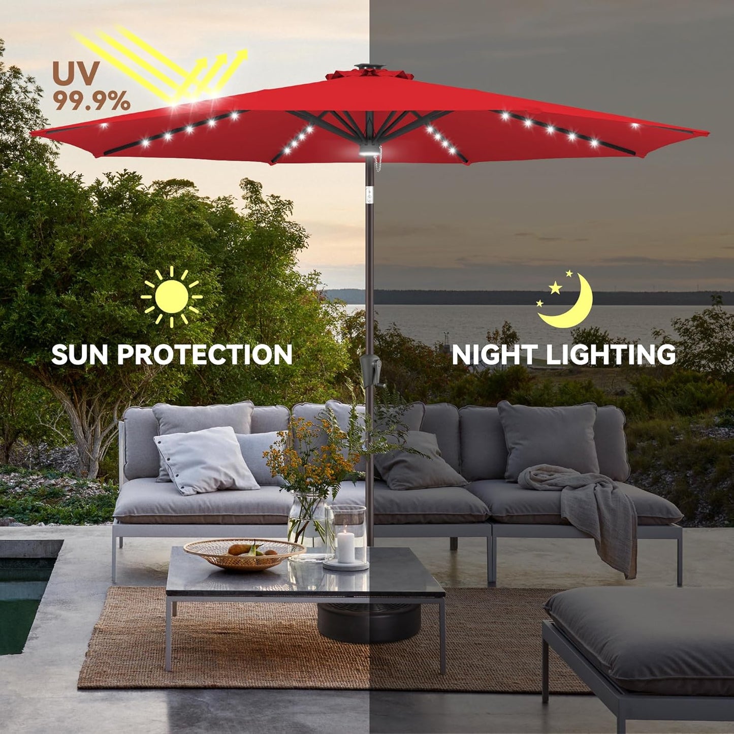 9ft Solar Umbrella Outdoor - Lighted Patio Umbrella with 40 LED Lights Waterprool Uv Protection, Table Umbrella with Tilt & Crank for Pool, Porch, Garden, Deck, Backyard(Red)