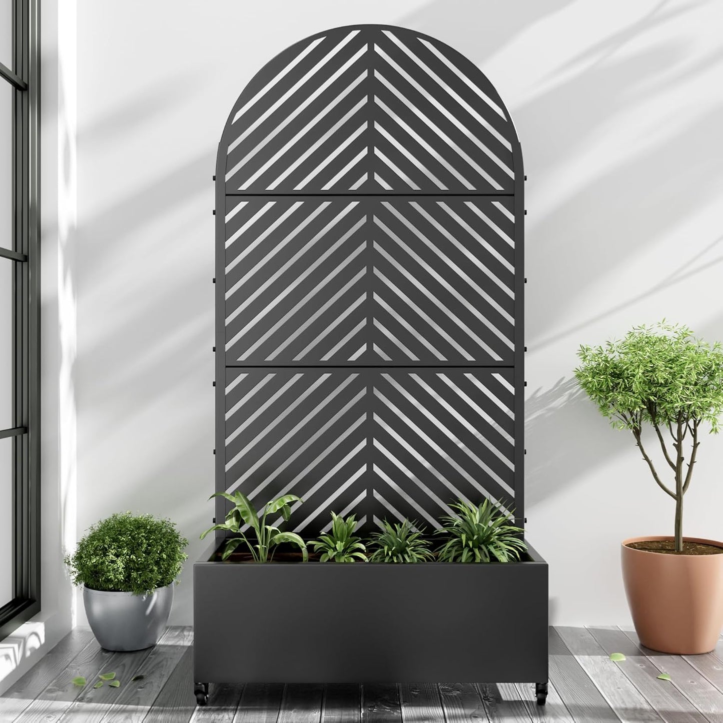 Casaphoria Metal Raised Garden Bed with Trellis and Wheels, 72"x47"x16" Arched Planter Box for Climbing Plants, Vegetables & Vines, Features Drainage Holes and Privacy Screen (Black-Fence)