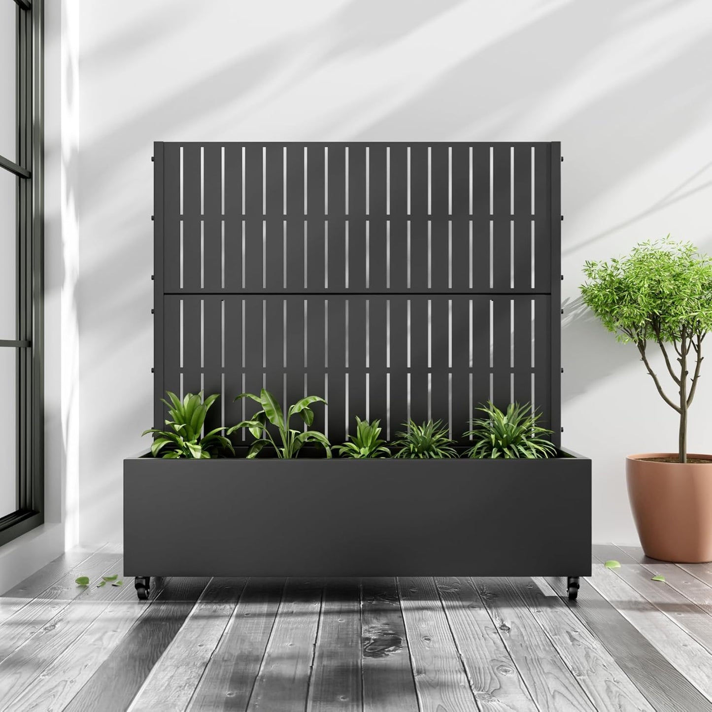 Casaphoria Metal Raised Garden Bed with Trellis and Wheels, 72"x47"x16" Arched Planter Box for Climbing Plants, Vegetables & Vines, Features Drainage Holes and Privacy Screen (Black-Fence)