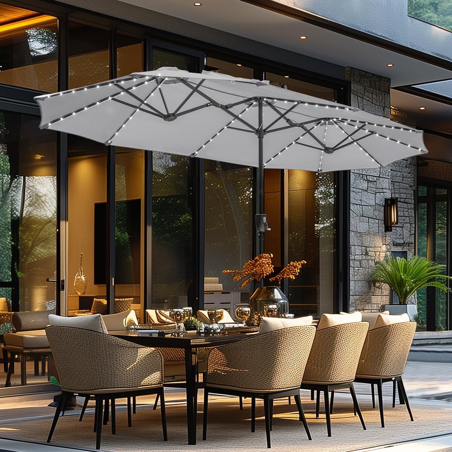 GREEN PARTY 13 ft Rectangle Patio Umbrella with Solar Lights, Double-Sided Market Table Umbrella with Crank, Large Outdoor Umbrellas for Patio Poolside Garden Backyard, Beige