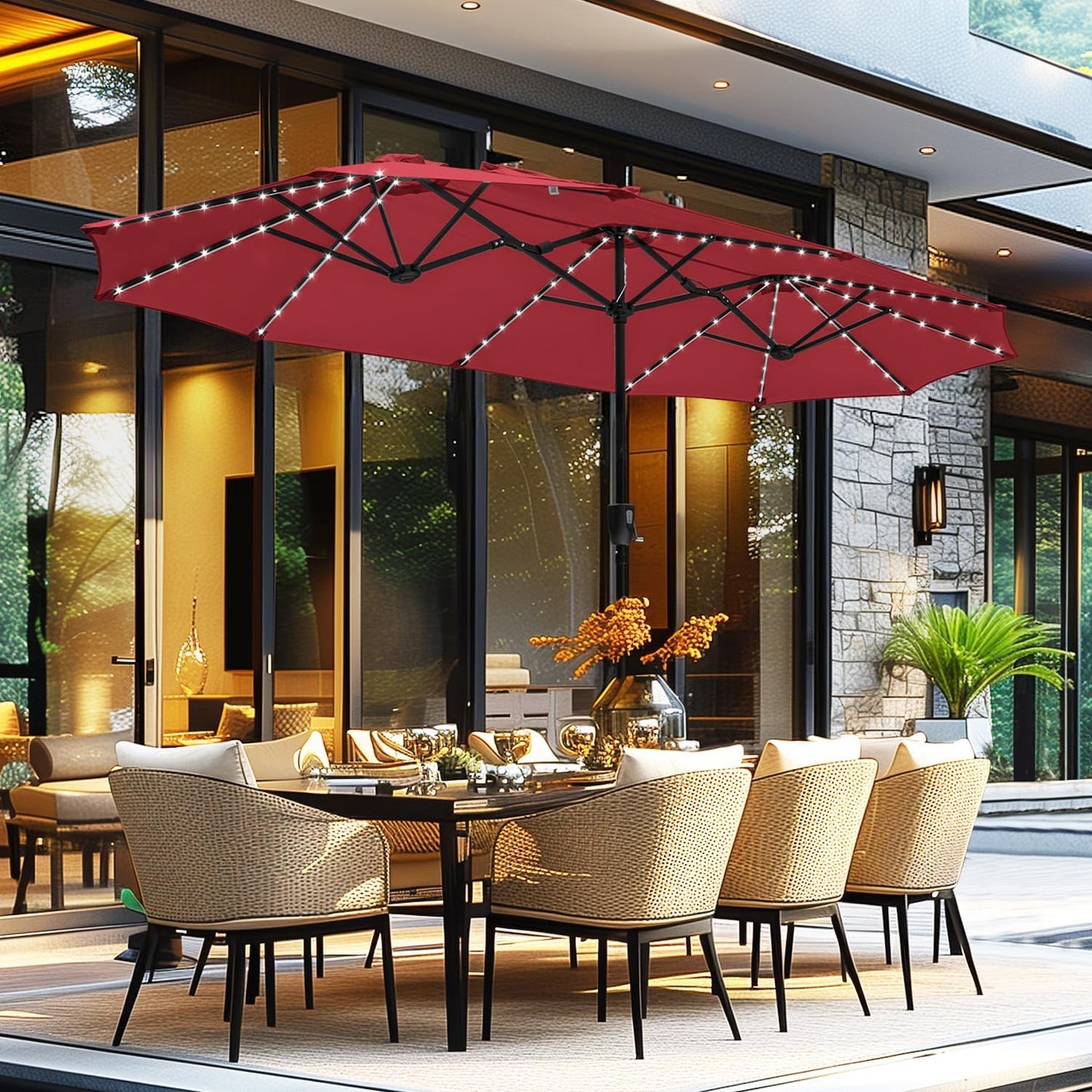 GREEN PARTY 13 ft Rectangle Patio Umbrella with Solar Lights, Double-Sided Market Table Umbrella with Crank, Large Outdoor Umbrellas for Patio Poolside Garden Backyard, Beige