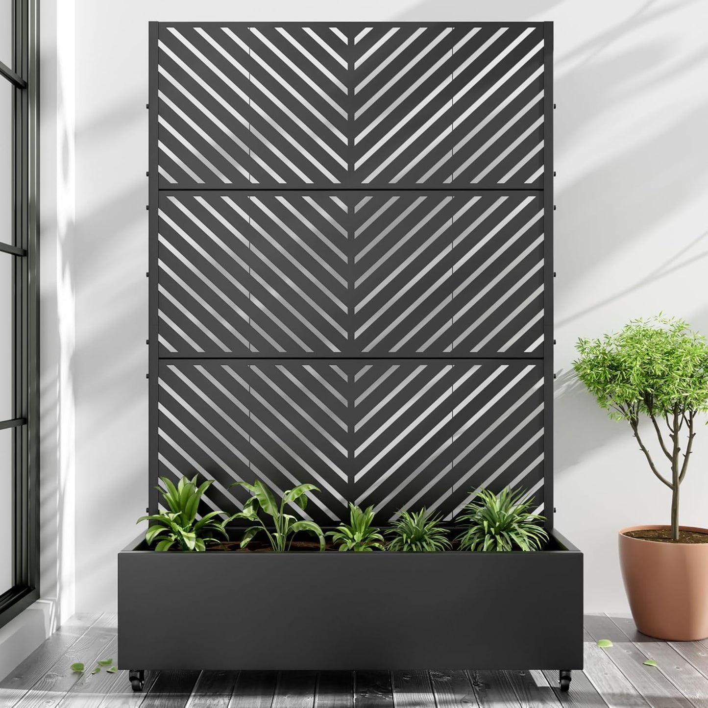 Casaphoria Metal Raised Garden Bed with Trellis and Wheels, 72"x47"x16" Arched Planter Box for Climbing Plants, Vegetables & Vines, Features Drainage Holes and Privacy Screen (Black-Fence)