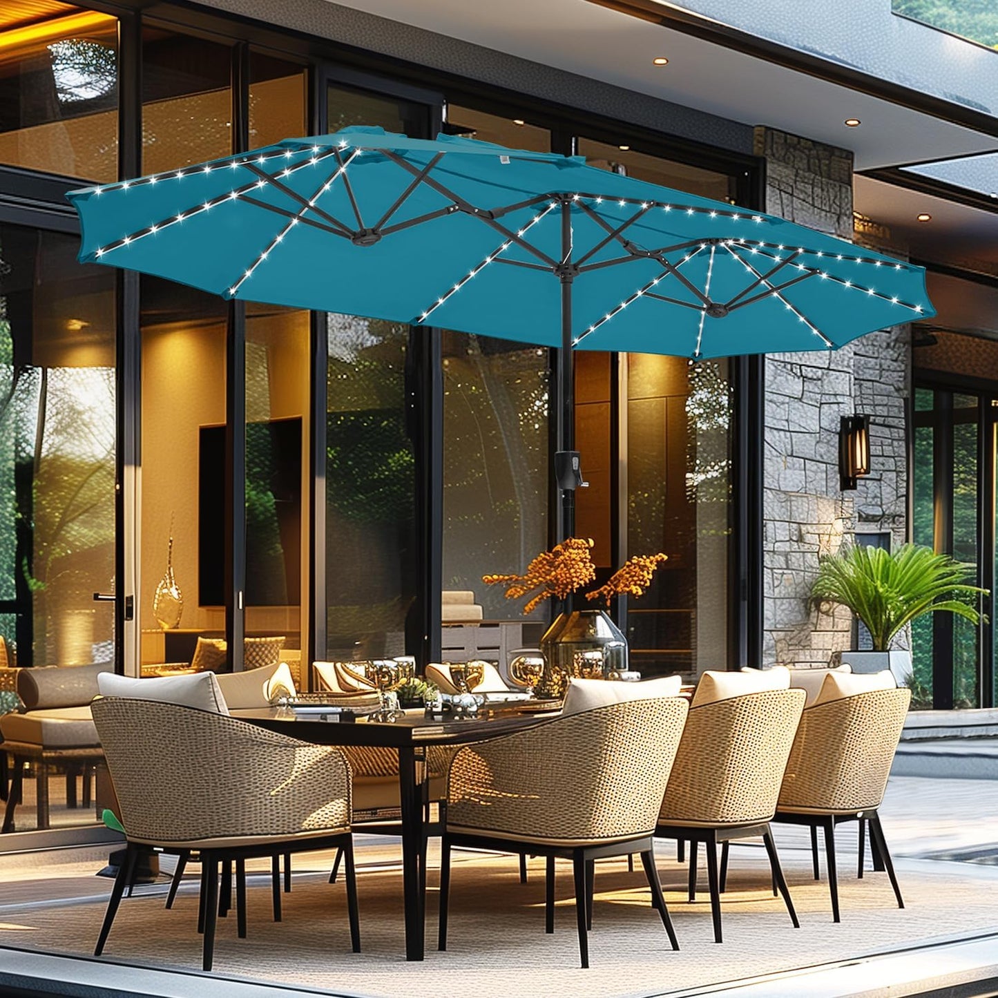 GREEN PARTY 13 ft Rectangle Patio Umbrella with Solar Lights, Double-Sided Market Table Umbrella with Crank, Large Outdoor Umbrellas for Patio Poolside Garden Backyard, Beige