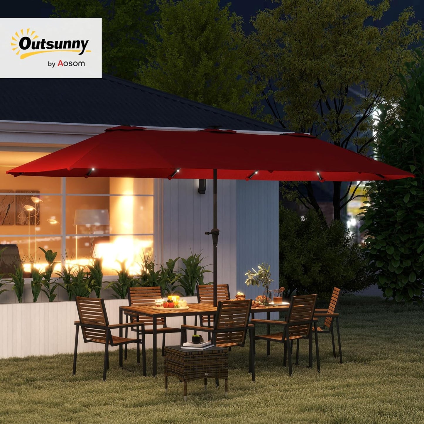 Outsunny 13ft Large Patio Umbrella with Solar Lights, Rectangular Double-Sided Outdoor Market Umbrella with Crank Handle and 48 LED Lights for Garden, Pool and Backyard, UPF 30+