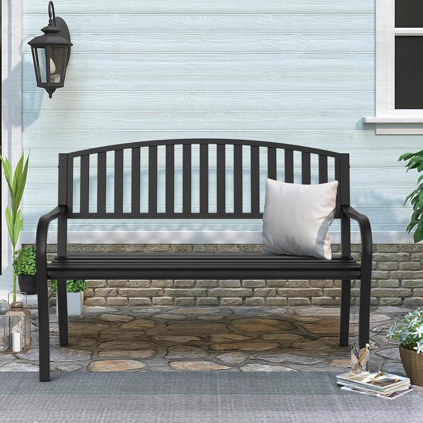 Outdoor Bench Garden Bench, Weatherproof Anti-Rust Heavy-Duty Outside Benches Clearance, Wrought Iron Metal Bench for Front Porch, Patio, Park