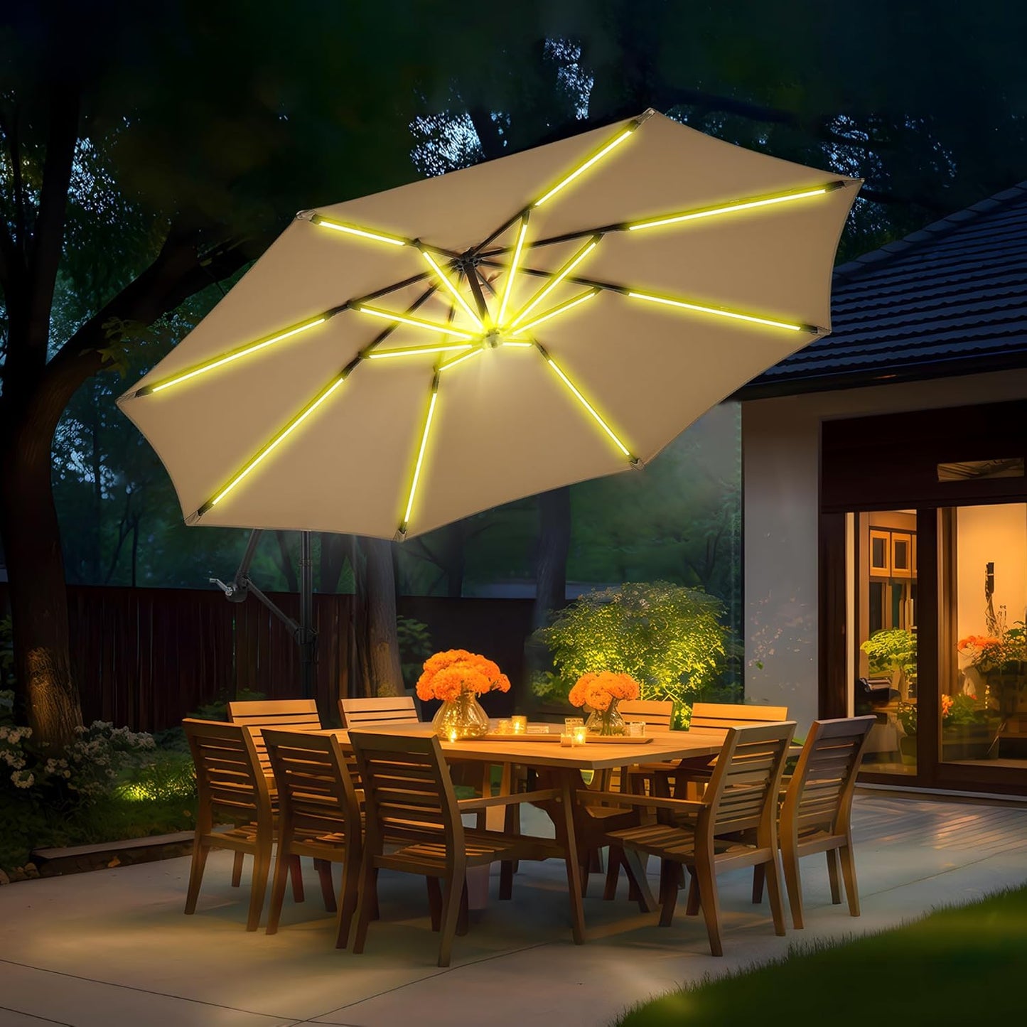 10 ft Offset Patio Umbrella with Stands Included, Large Cantilever Umbrella Outdoor Patio with Solar Lights, Dual Charging, 8+ Light Modes, Heavy Duty, for Pool, Deck, Market, Teal Blue