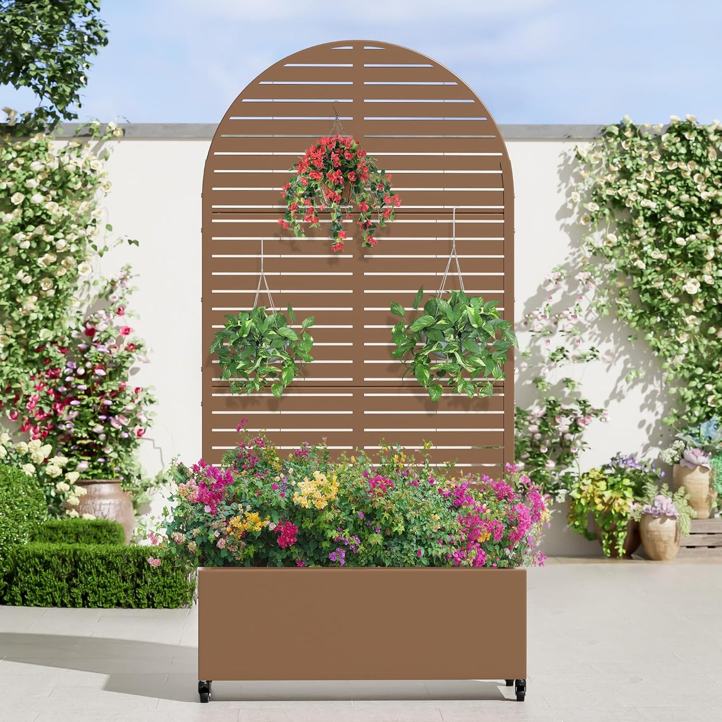 Casaphoria Metal Raised Garden Bed with Trellis and Wheels, 72"x47"x16" Arched Planter Box for Climbing Plants, Vegetables & Vines, Features Drainage Holes and Privacy Screen (Black-Fence)