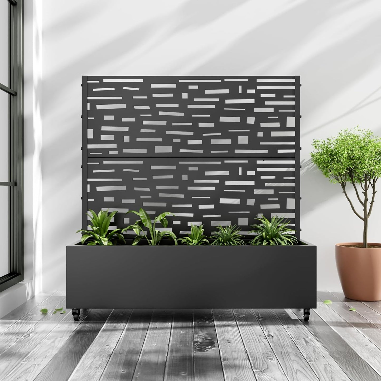 Casaphoria Metal Raised Garden Bed with Trellis and Wheels, 72"x47"x16" Arched Planter Box for Climbing Plants, Vegetables & Vines, Features Drainage Holes and Privacy Screen (Black-Fence)