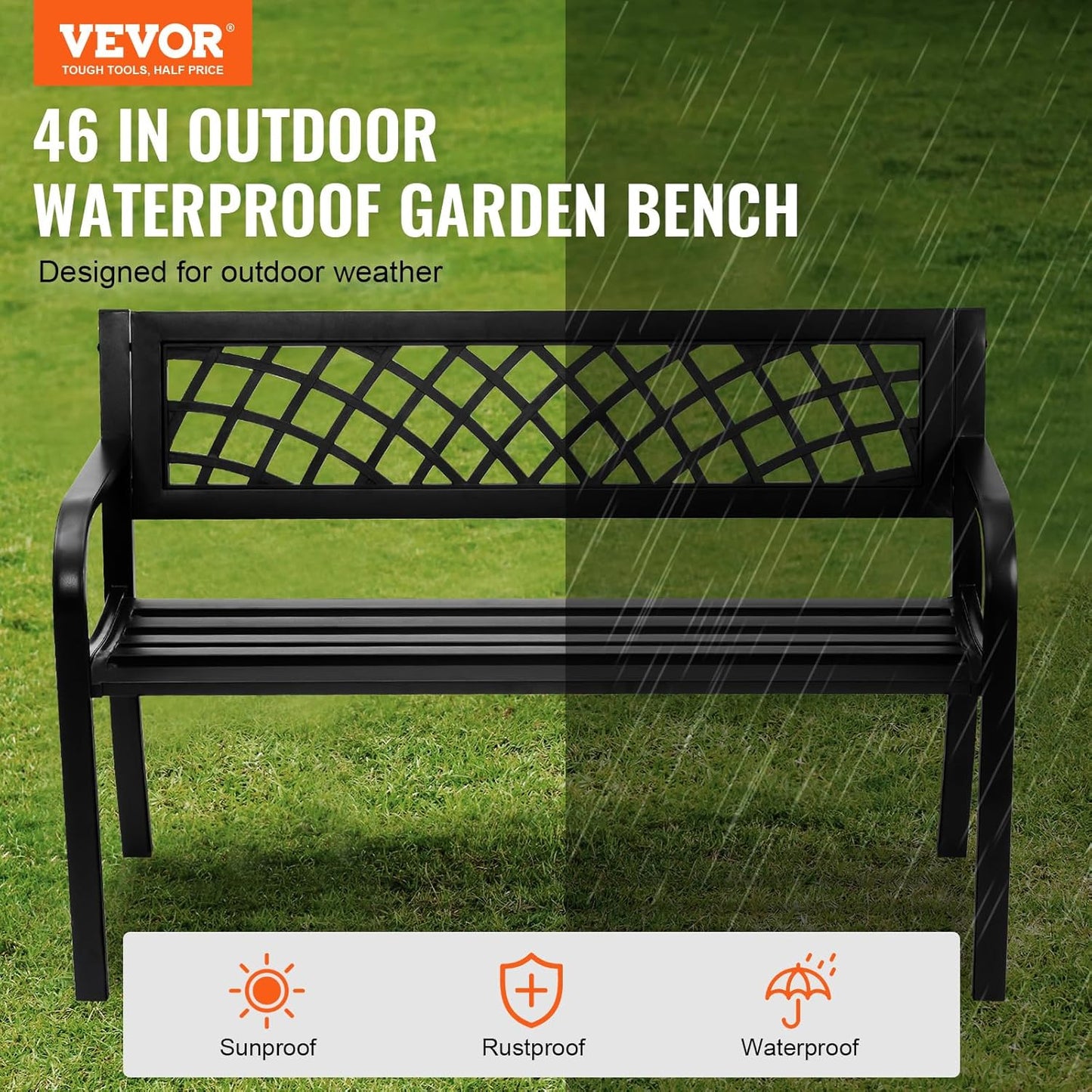 VEVOR Outdoor Bench, 46" Iron Steel Frame Garden Park Bench with Mesh Pattern and Plastic Backrest Armrests, Patio Bench for Garden, Park, Yard, Front Porch