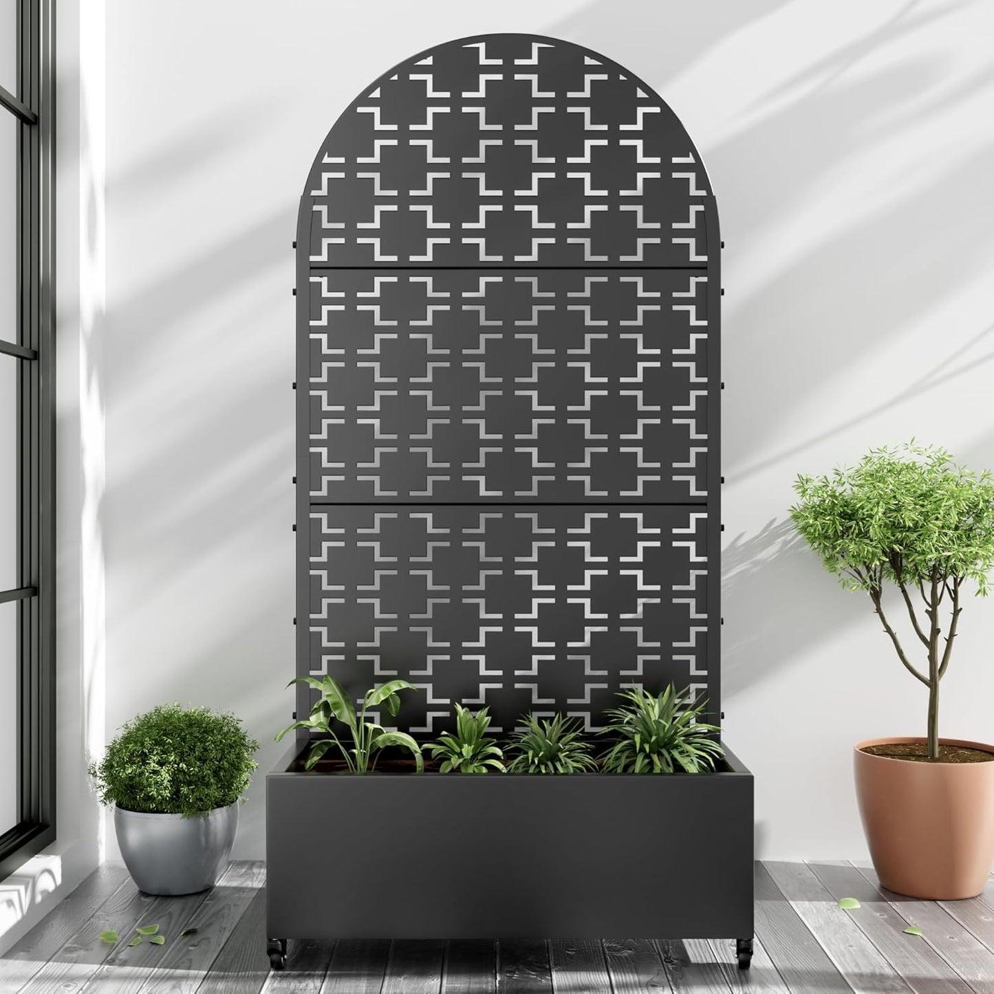 Casaphoria Metal Raised Garden Bed with Trellis and Wheels, 72"x47"x16" Arched Planter Box for Climbing Plants, Vegetables & Vines, Features Drainage Holes and Privacy Screen (Black-Fence)