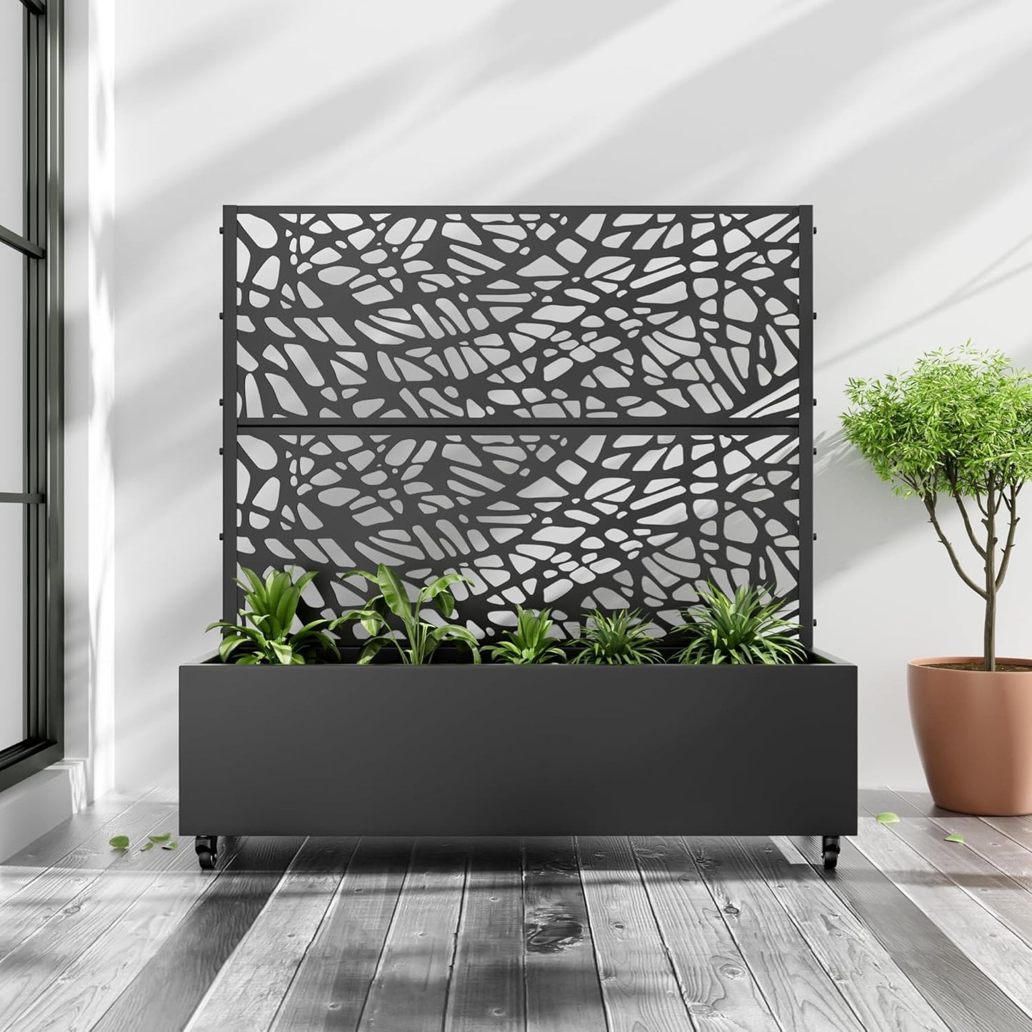 Casaphoria Metal Raised Garden Bed with Trellis and Wheels, 72"x47"x16" Arched Planter Box for Climbing Plants, Vegetables & Vines, Features Drainage Holes and Privacy Screen (Black-Fence)