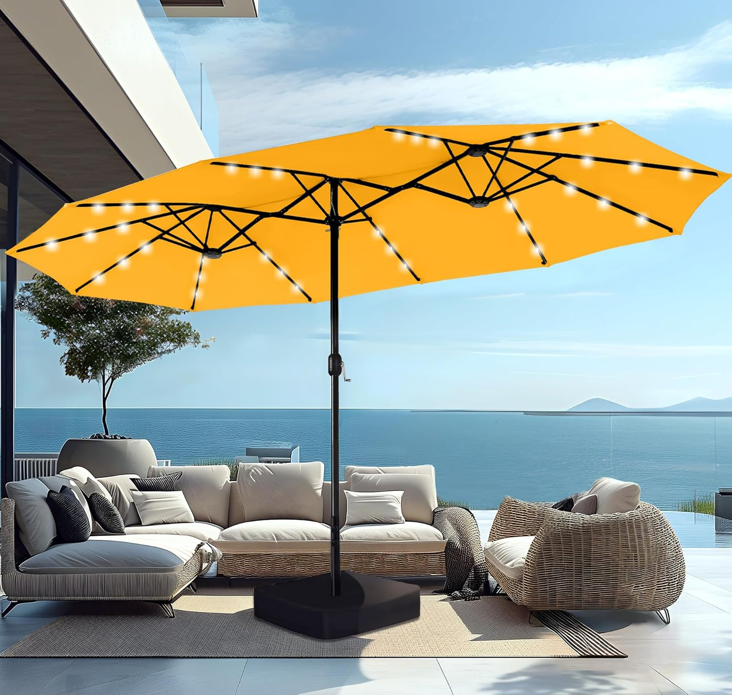 PHI VILLA 15ft Large Patio Umbrella with Base & Solar Lights, Double-Sided Outdoor Rectangle Umbrellas with 36 LED Lights, Umbrella for Outside with Stand, Beige