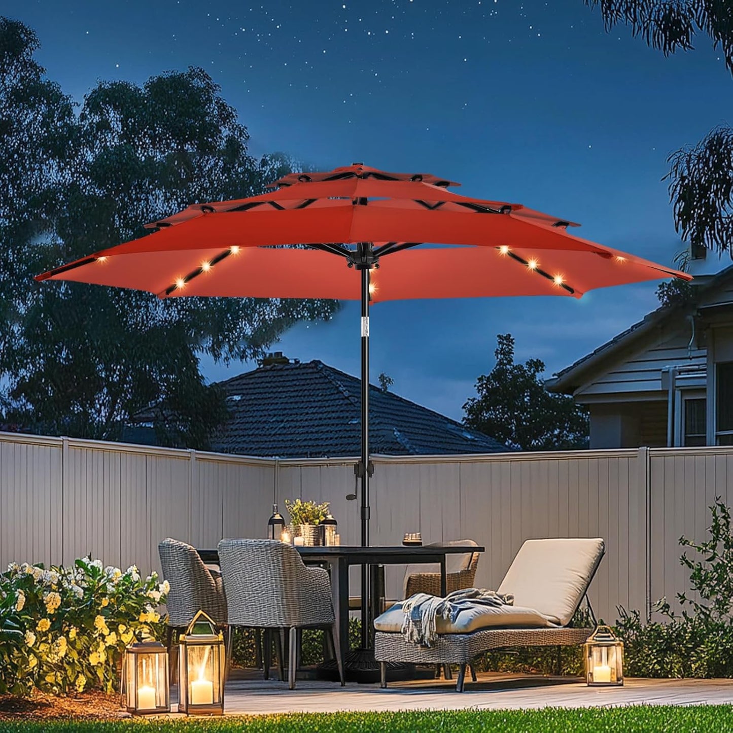 wikiwiki 9FT 3Tiers Solar Led Patio Umbrella, Sturdy Outdoor Market Umbrella for Deck, Pool, Garden w/Tilt, Crank, 32 LED Lights, Beige