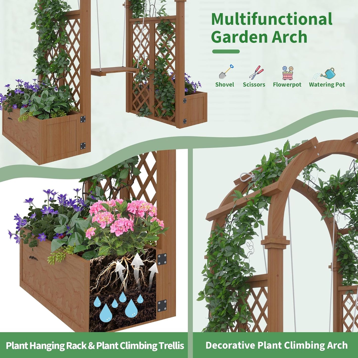 Wood Garden Arbor with Planter Boxes and Swing Outdoor Arch Trellis with Pergola for Climbing Plants Vines Grapes Backyard Wedding Party Decor