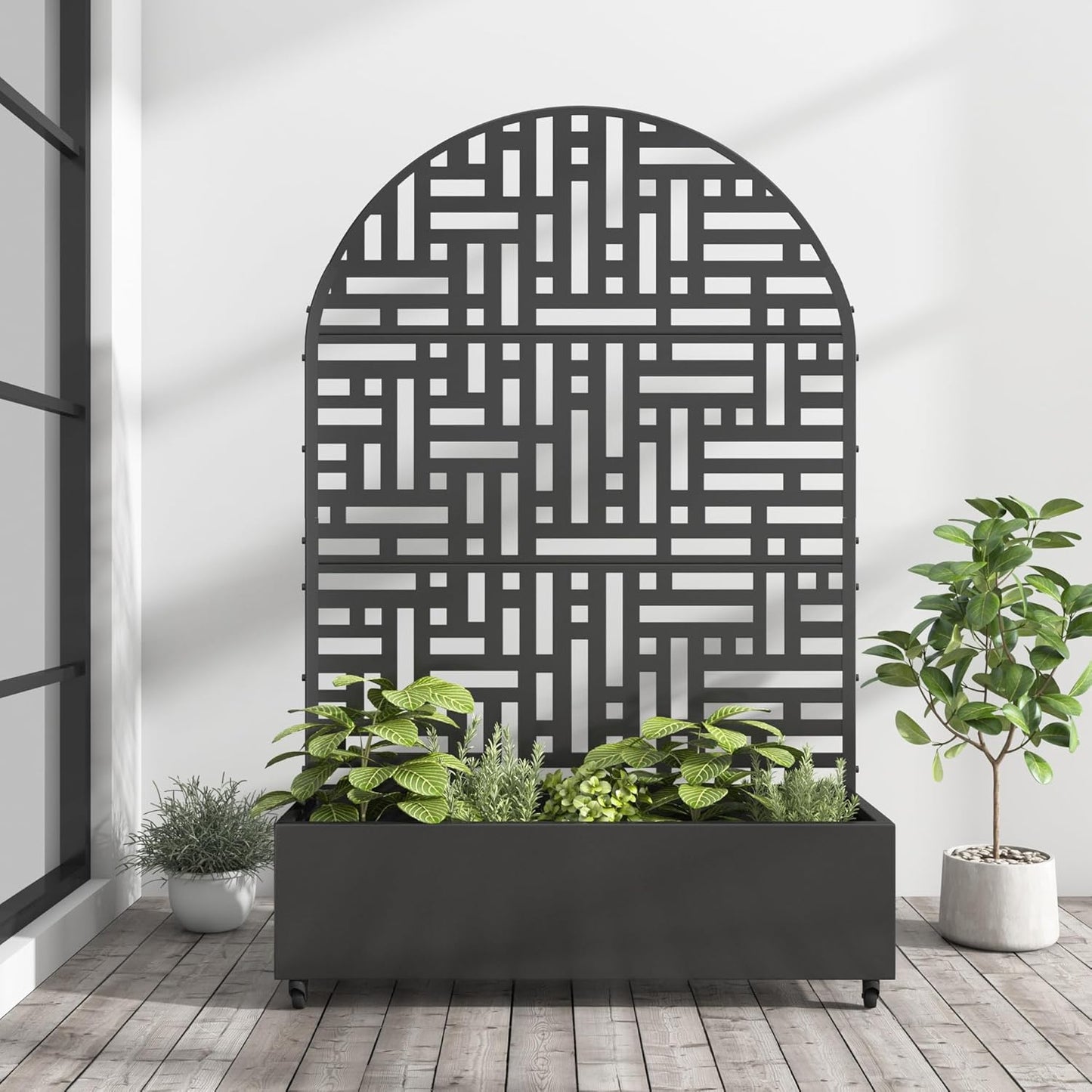 Casaphoria Metal Raised Garden Bed with Trellis and Wheels, 72"x47"x16" Arched Planter Box for Climbing Plants, Vegetables & Vines, Features Drainage Holes and Privacy Screen (Black-Fence)
