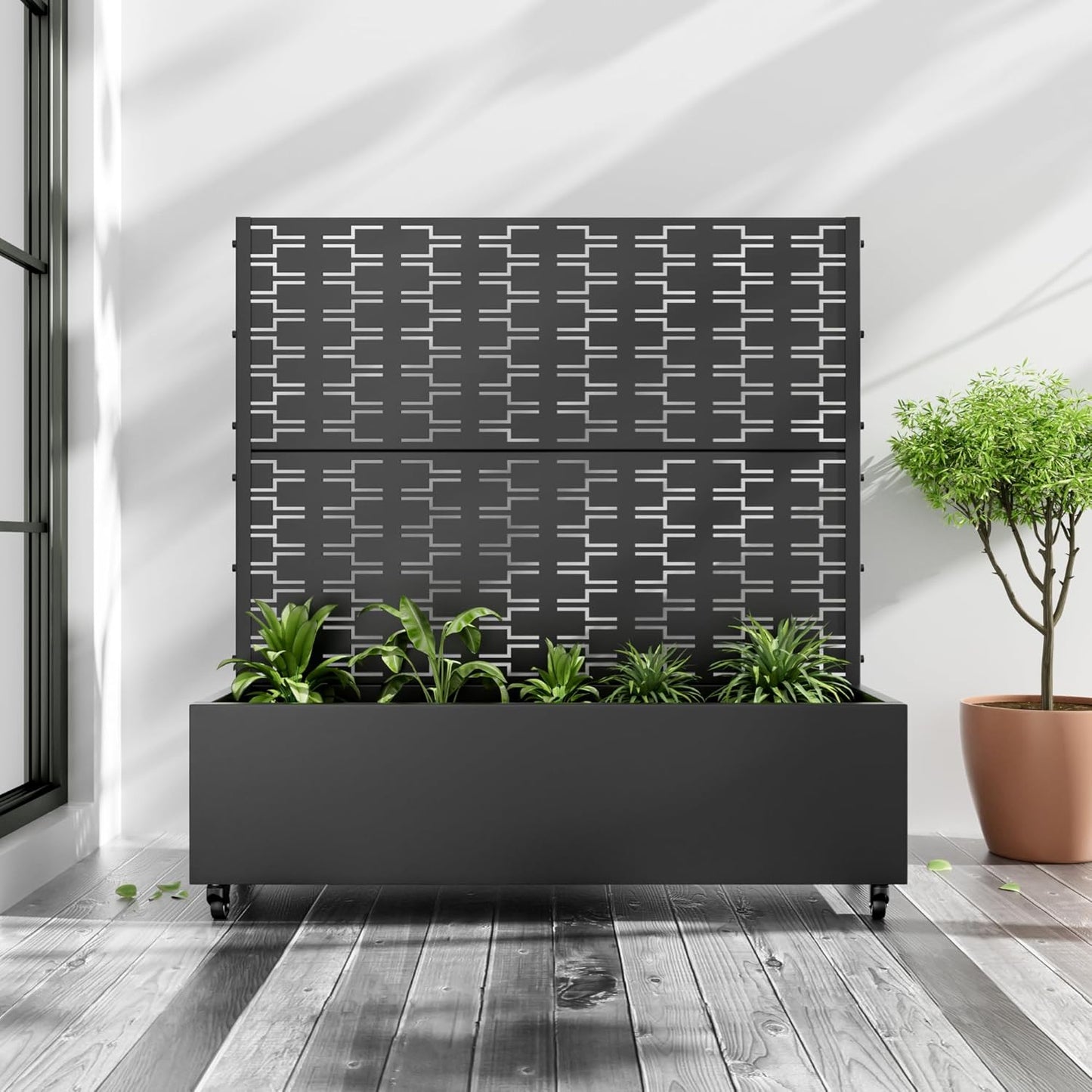 Casaphoria Metal Raised Garden Bed with Trellis and Wheels, 72"x47"x16" Arched Planter Box for Climbing Plants, Vegetables & Vines, Features Drainage Holes and Privacy Screen (Black-Fence)