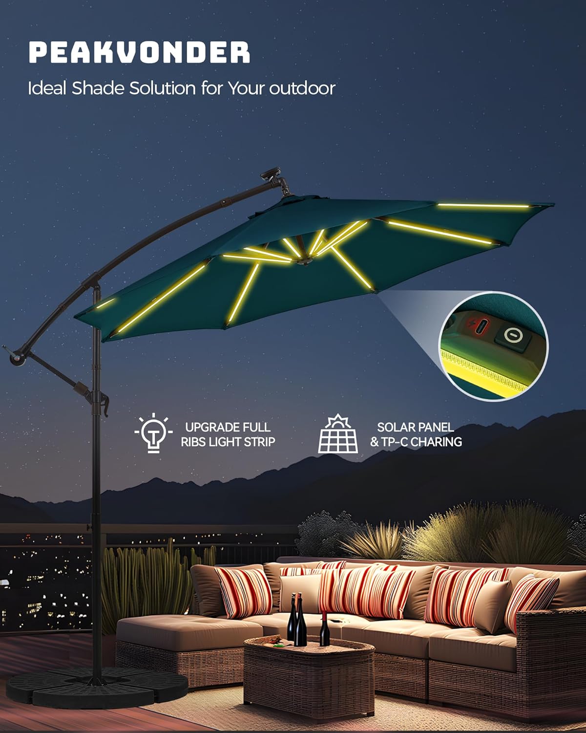 10 ft Offset Patio Umbrella with Stands Included, Large Cantilever Umbrella Outdoor Patio with Solar Lights, Dual Charging, 8+ Light Modes, Heavy Duty, for Pool, Deck, Market, Teal Blue