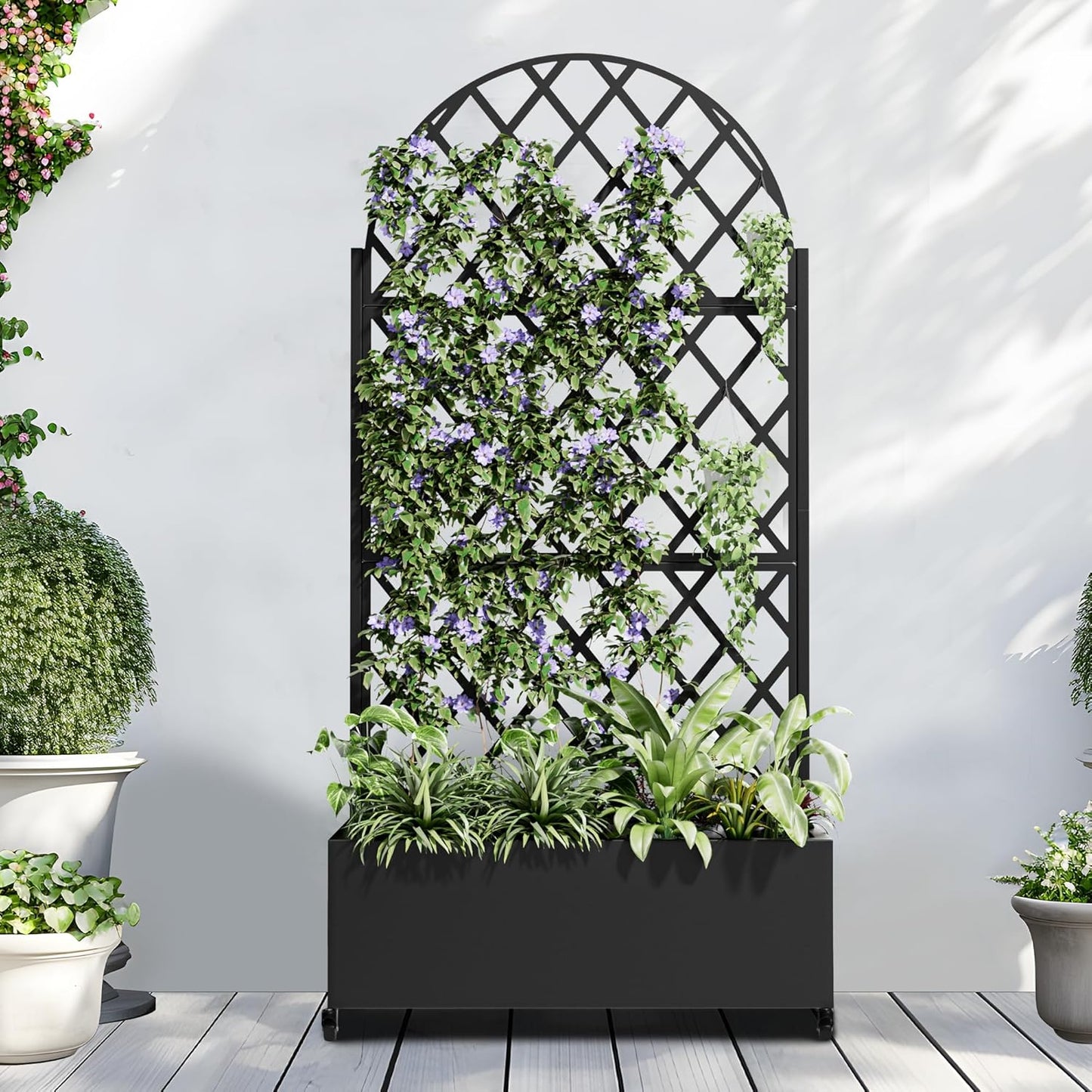 Casaphoria Metal Raised Garden Bed with Trellis and Wheels, 72"x47"x16" Arched Planter Box for Climbing Plants, Vegetables & Vines, Features Drainage Holes and Privacy Screen (Black-Fence)