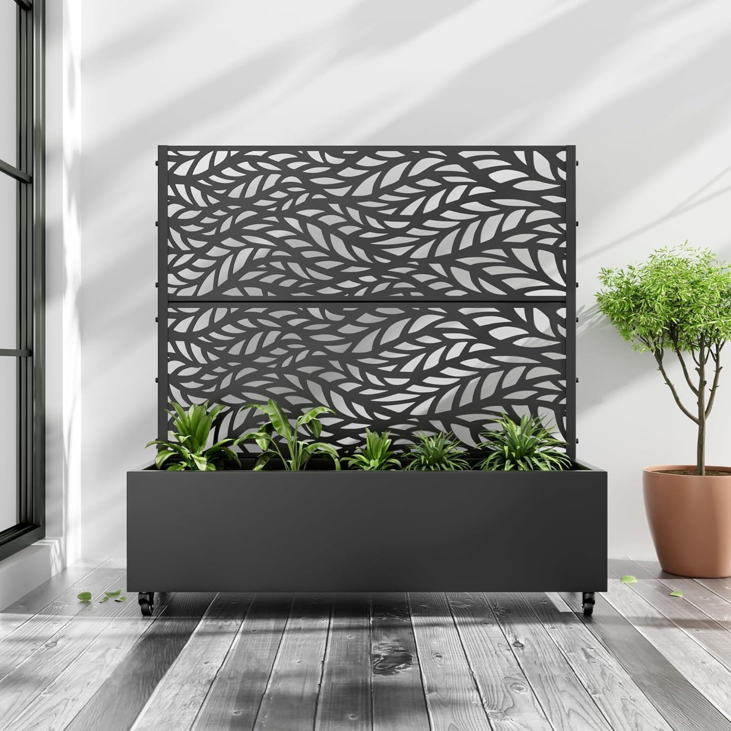 Casaphoria Metal Raised Garden Bed with Trellis and Wheels, 72"x47"x16" Arched Planter Box for Climbing Plants, Vegetables & Vines, Features Drainage Holes and Privacy Screen (Black-Fence)