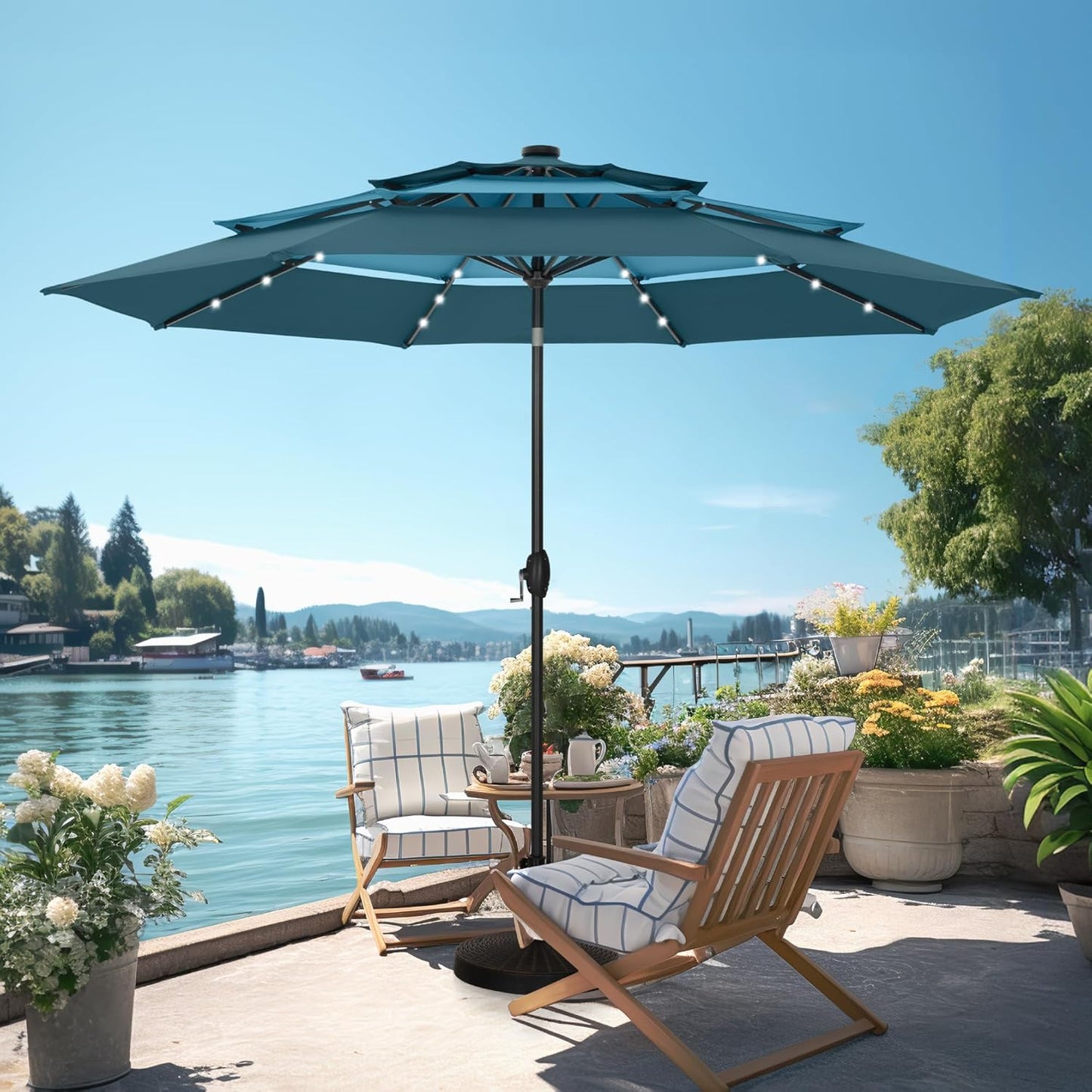 PHI VILLA 10ft Patio Umbrella with Solar Lights, Outdoor 3 Tier Vented Large Market Table Umbrella with 8 Sturdy Ribs and 1.5" Umbrellla Pole for Lawn Poolside Garden Terrace, Beige & Tan