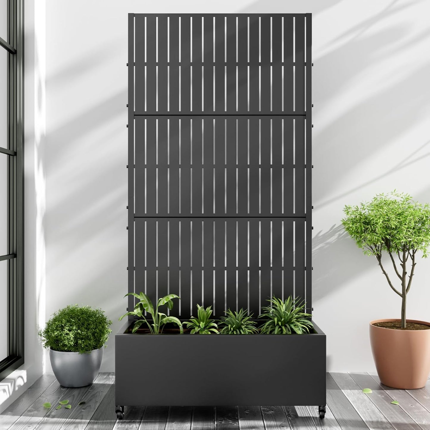 Casaphoria Metal Raised Garden Bed with Trellis and Wheels, 72"x47"x16" Arched Planter Box for Climbing Plants, Vegetables & Vines, Features Drainage Holes and Privacy Screen (Black-Fence)