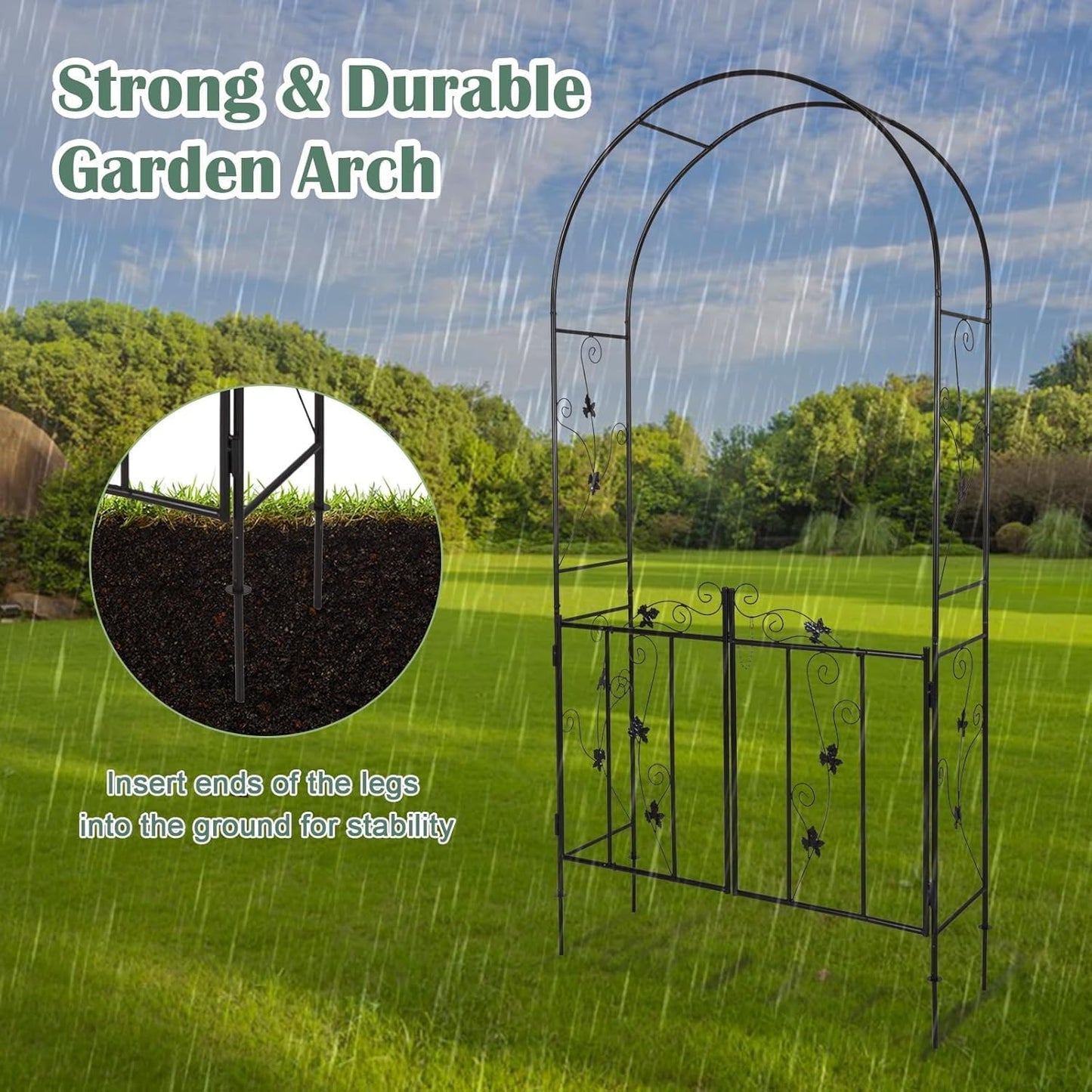 Outdoor Garden Arch - Metal Arbor Trellis with Gate, Wedding Backdrop Arch Arbor, Garden Entrance with Gate for Climbing Plants Roses Vines, Black