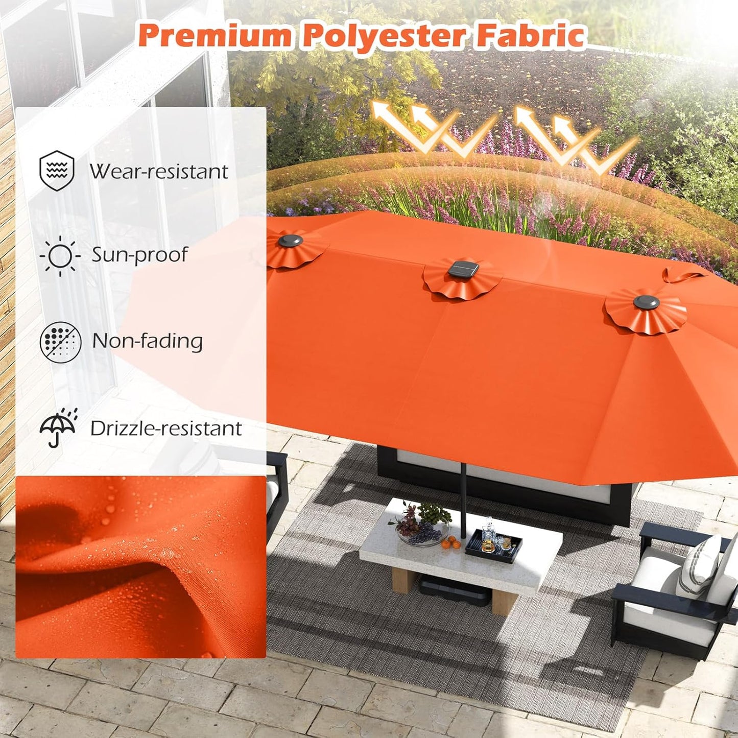 HAPPYGRILL 15.5 FT Double-sided Patio Umbrella with Solar Lights, Outdoor Twin Size Umbrella with Crank Handle & Heavy-Duty Ribs, Oversized Rectangle Umbrella for Garden Deck Poolside