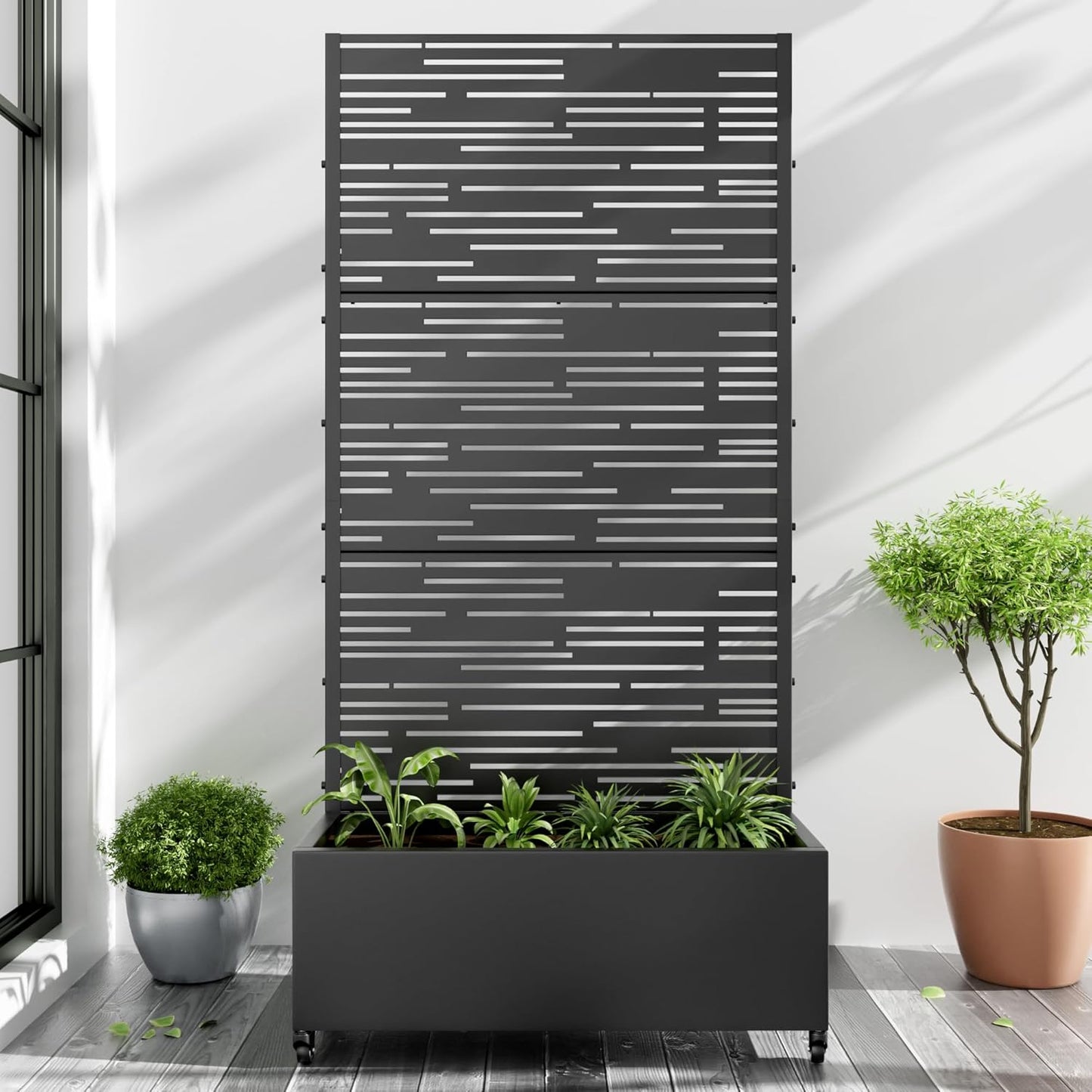 Casaphoria Metal Raised Garden Bed with Trellis and Wheels, 72"x47"x16" Arched Planter Box for Climbing Plants, Vegetables & Vines, Features Drainage Holes and Privacy Screen (Black-Fence)