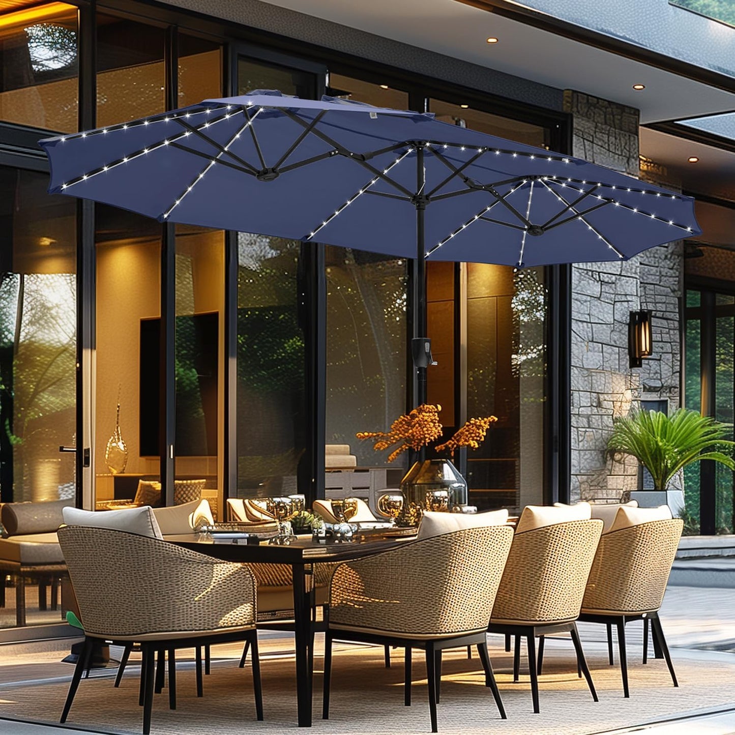GREEN PARTY 13 ft Rectangle Patio Umbrella with Solar Lights, Double-Sided Market Table Umbrella with Crank, Large Outdoor Umbrellas for Patio Poolside Garden Backyard, Beige
