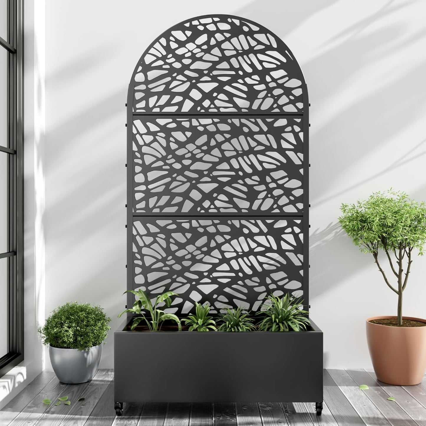 Casaphoria Metal Raised Garden Bed with Trellis and Wheels, 72"x47"x16" Arched Planter Box for Climbing Plants, Vegetables & Vines, Features Drainage Holes and Privacy Screen (Black-Fence)