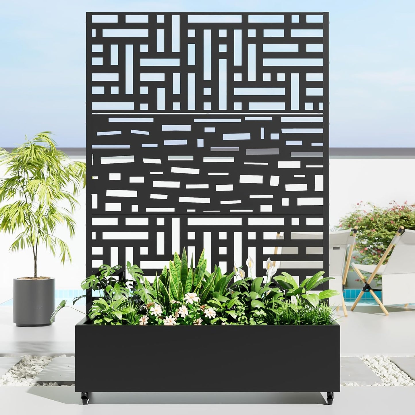 Casaphoria Metal Raised Garden Bed with Trellis and Wheels, 72"x47"x16" Arched Planter Box for Climbing Plants, Vegetables & Vines, Features Drainage Holes and Privacy Screen (Black-Fence)