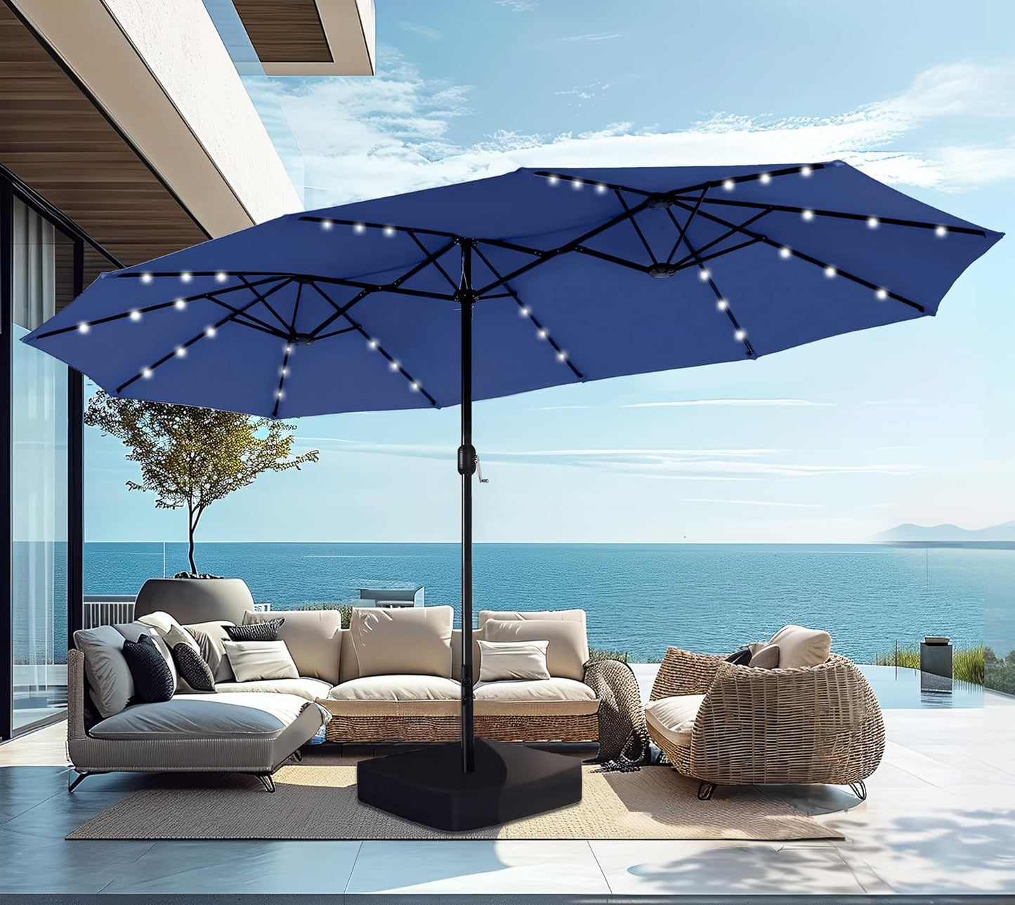 PHI VILLA 15ft Large Patio Umbrella with Base & Solar Lights, Double-Sided Outdoor Rectangle Umbrellas with 36 LED Lights, Umbrella for Outside with Stand, Beige