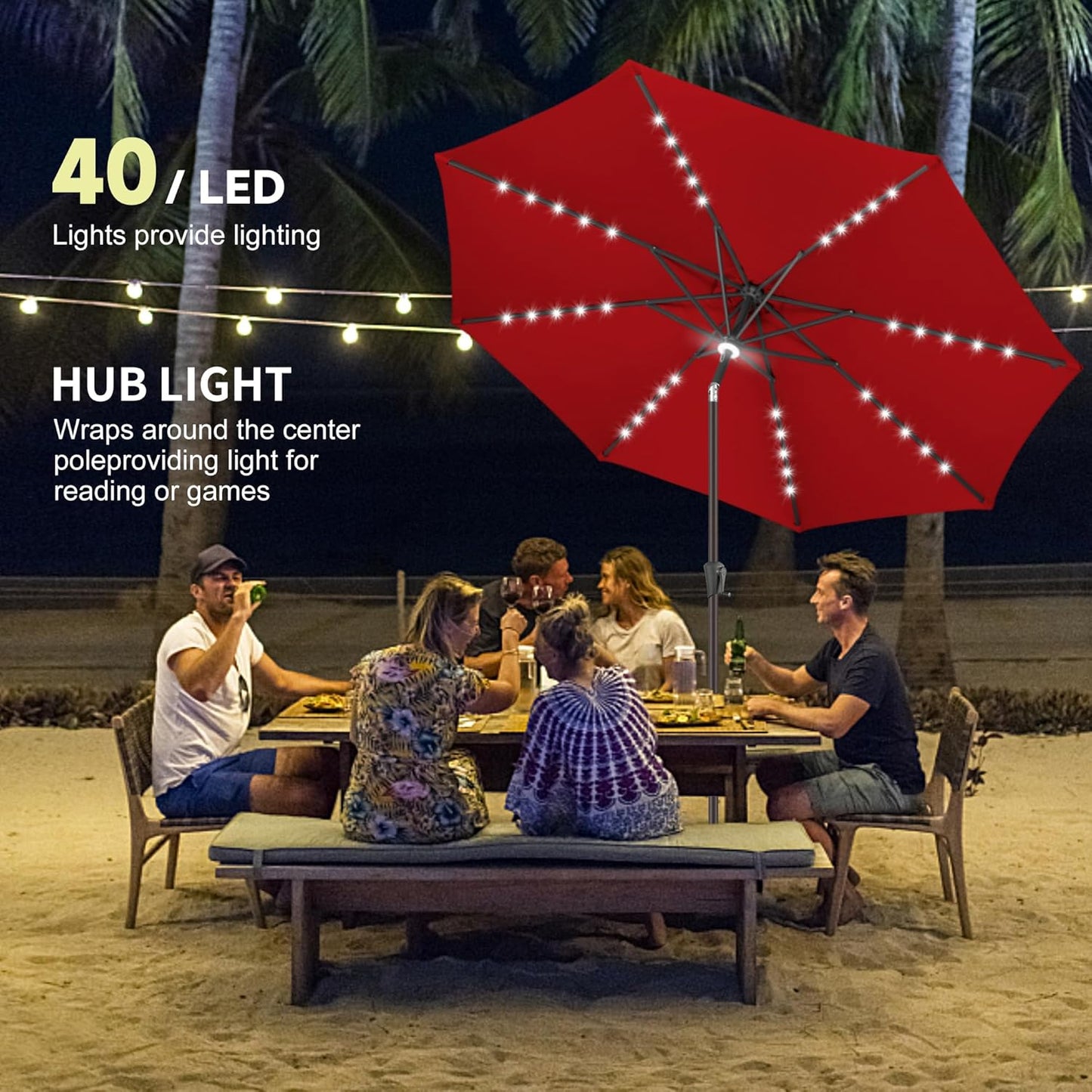 9ft Solar Umbrella Outdoor - Lighted Patio Umbrella with 40 LED Lights Waterprool Uv Protection, Table Umbrella with Tilt & Crank for Pool, Porch, Garden, Deck, Backyard(Red)