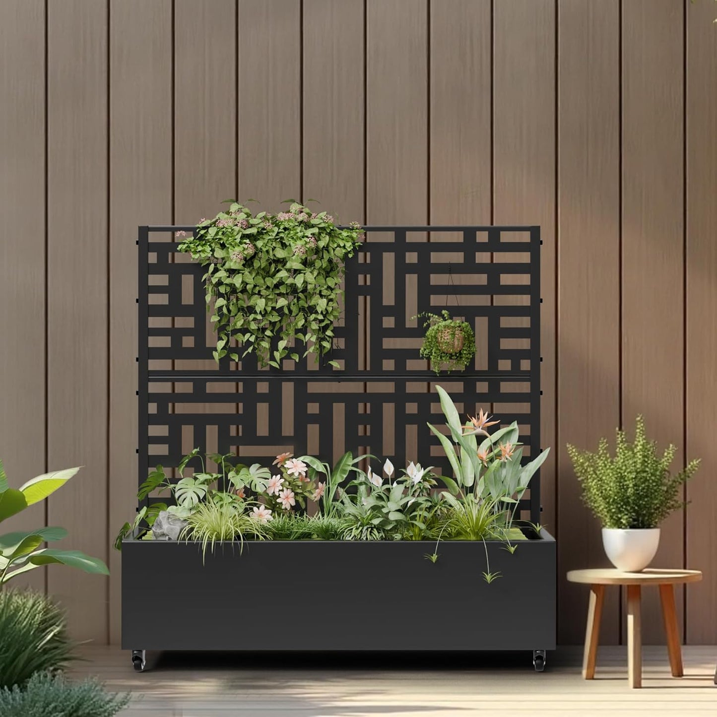 Casaphoria Metal Raised Garden Bed with Trellis and Wheels, 72"x47"x16" Arched Planter Box for Climbing Plants, Vegetables & Vines, Features Drainage Holes and Privacy Screen (Black-Fence)