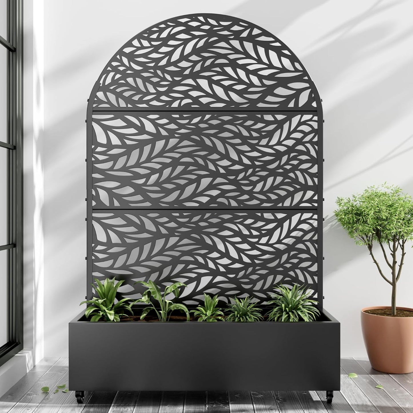 Casaphoria Metal Raised Garden Bed with Trellis and Wheels, 72"x47"x16" Arched Planter Box for Climbing Plants, Vegetables & Vines, Features Drainage Holes and Privacy Screen (Black-Fence)