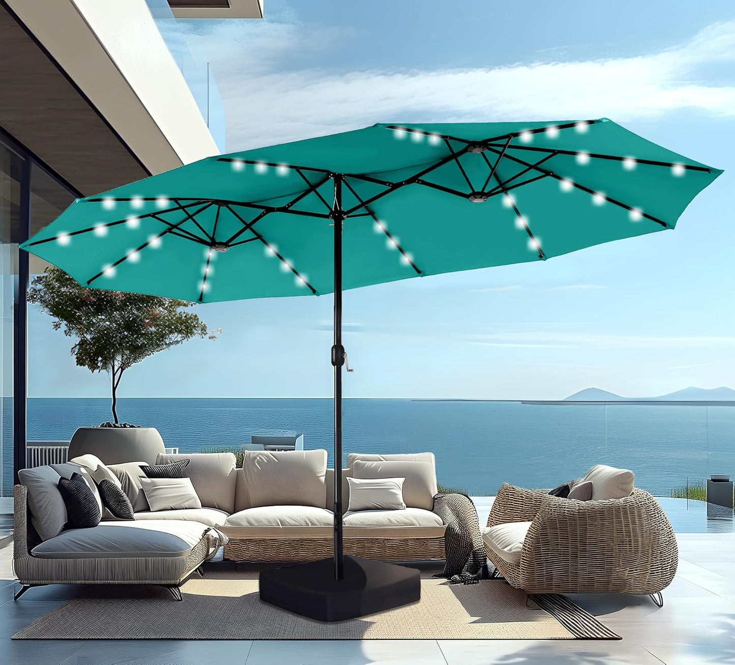 PHI VILLA 15ft Large Patio Umbrella with Base & Solar Lights, Double-Sided Outdoor Rectangle Umbrellas with 36 LED Lights, Umbrella for Outside with Stand, Beige
