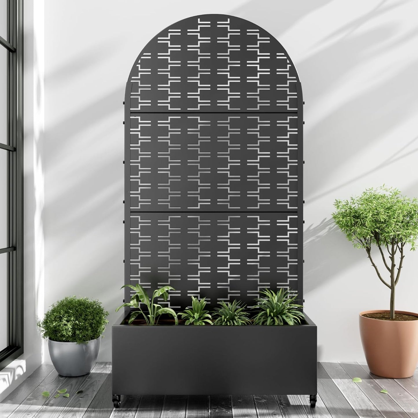 Casaphoria Metal Raised Garden Bed with Trellis and Wheels, 72"x47"x16" Arched Planter Box for Climbing Plants, Vegetables & Vines, Features Drainage Holes and Privacy Screen (Black-Fence)