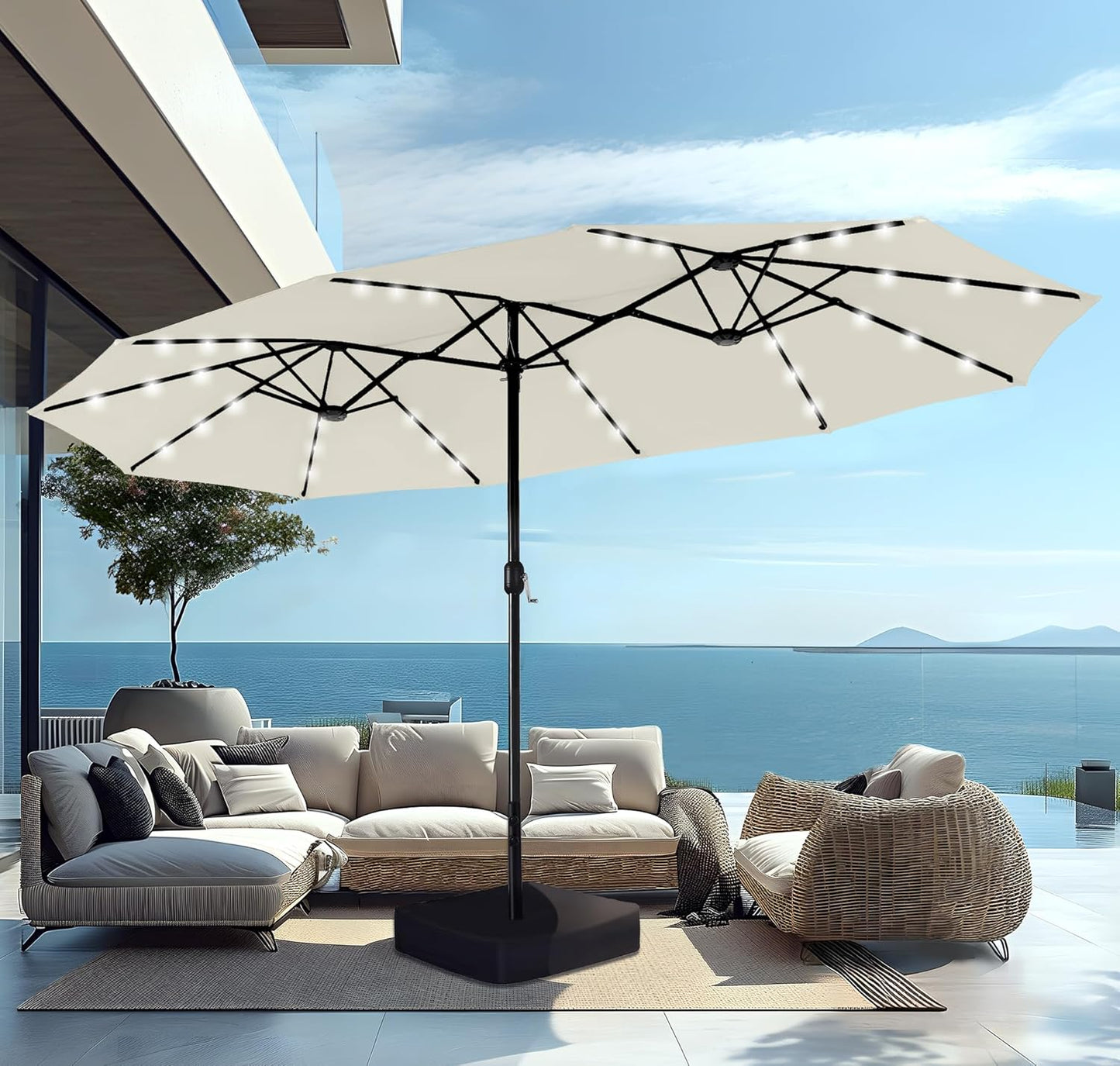 PHI VILLA 15ft Large Patio Umbrella with Base & Solar Lights, Double-Sided Outdoor Rectangle Umbrellas with 36 LED Lights, Umbrella for Outside with Stand, Beige