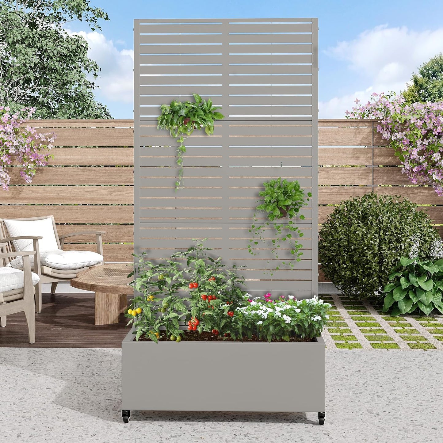 Casaphoria Metal Raised Garden Bed with Trellis and Wheels, 72"x47"x16" Arched Planter Box for Climbing Plants, Vegetables & Vines, Features Drainage Holes and Privacy Screen (Black-Fence)