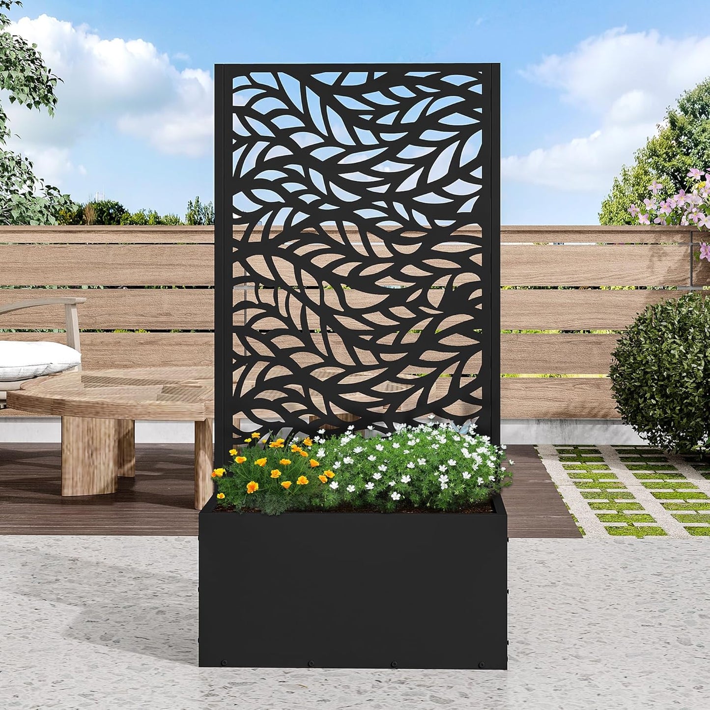 Casaphoria Metal Raised Garden Bed with Trellis and Wheels, 72"x47"x16" Arched Planter Box for Climbing Plants, Vegetables & Vines, Features Drainage Holes and Privacy Screen (Black-Fence)