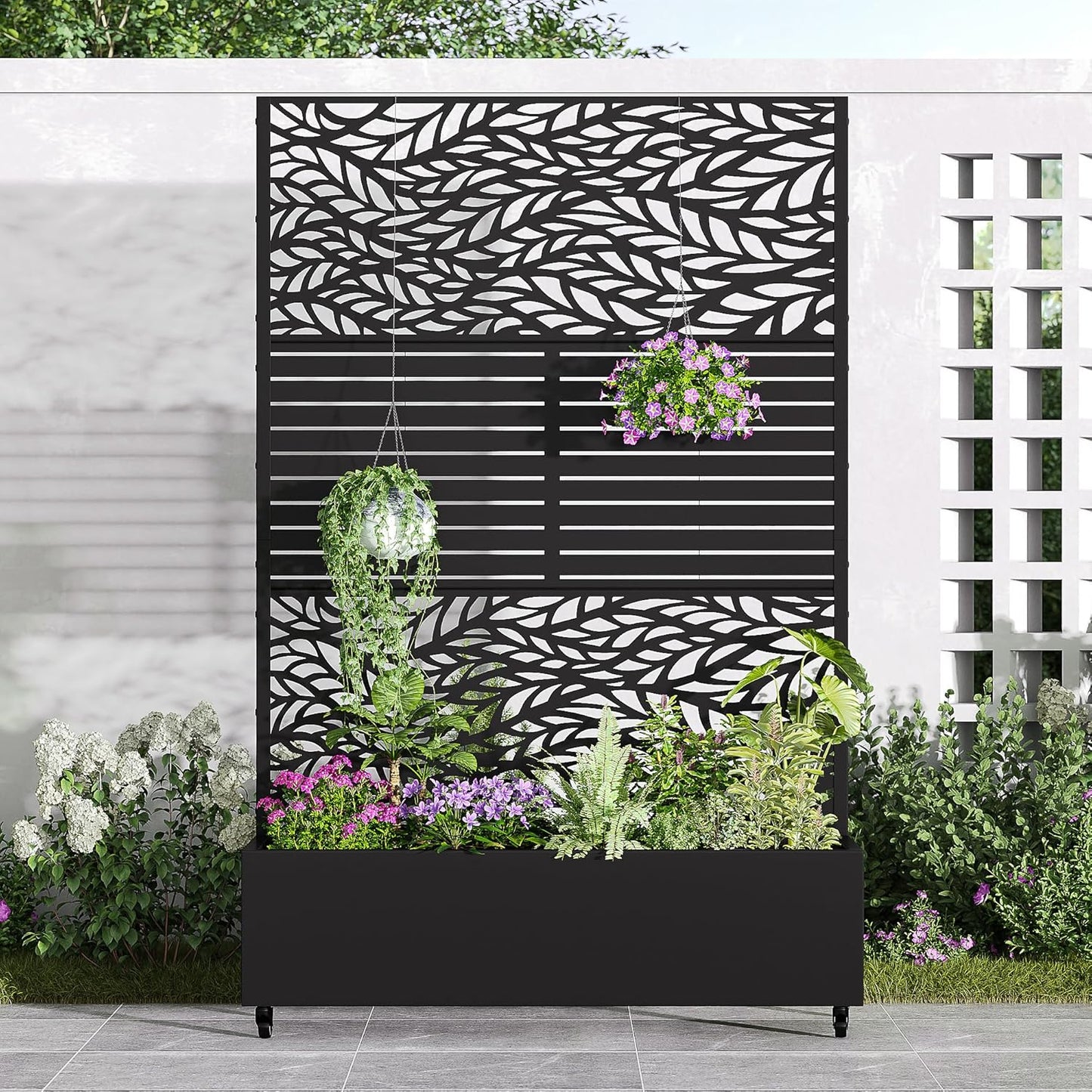 Casaphoria Metal Raised Garden Bed with Trellis and Wheels, 72"x47"x16" Arched Planter Box for Climbing Plants, Vegetables & Vines, Features Drainage Holes and Privacy Screen (Black-Fence)