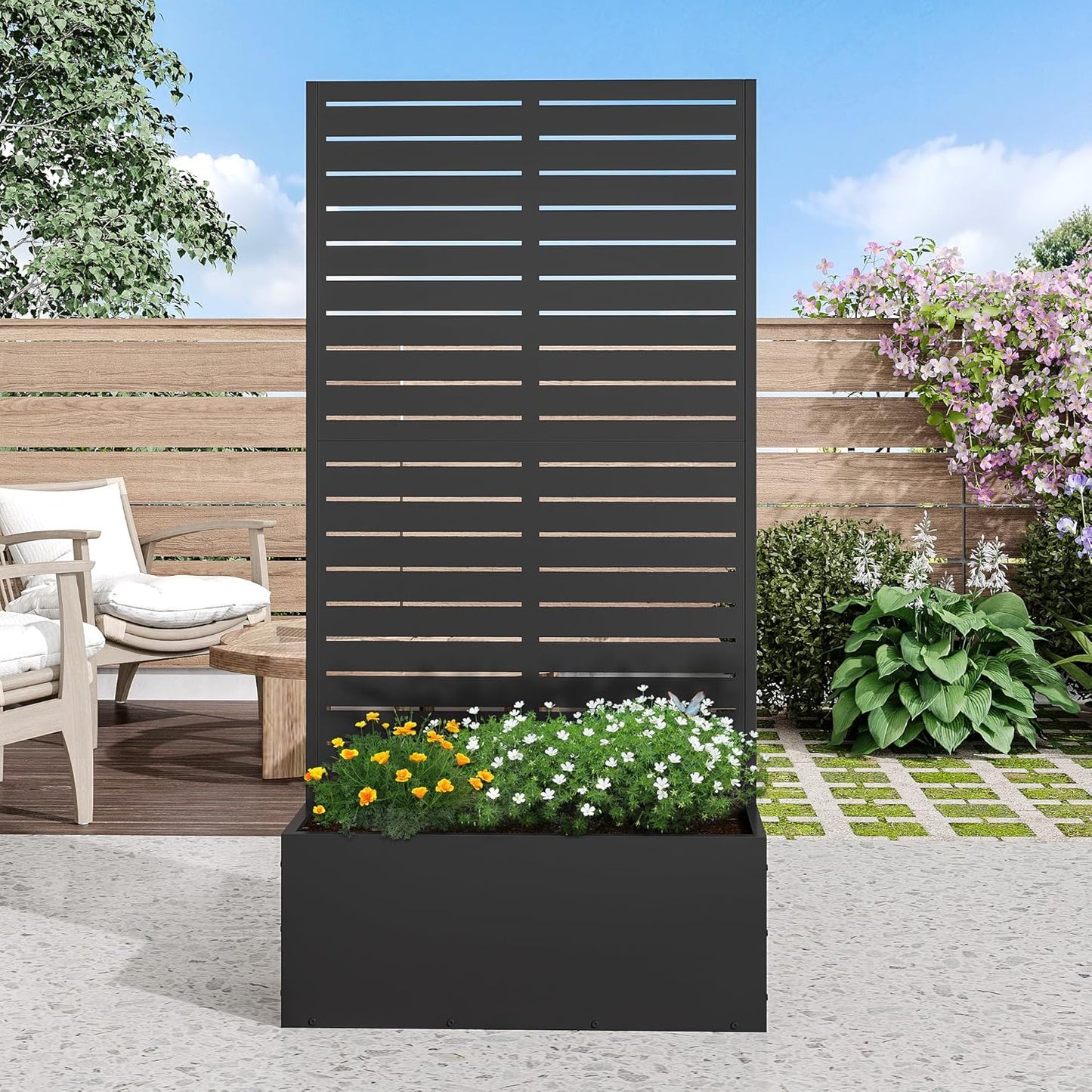 Casaphoria Metal Raised Garden Bed with Trellis and Wheels, 72"x47"x16" Arched Planter Box for Climbing Plants, Vegetables & Vines, Features Drainage Holes and Privacy Screen (Black-Fence)