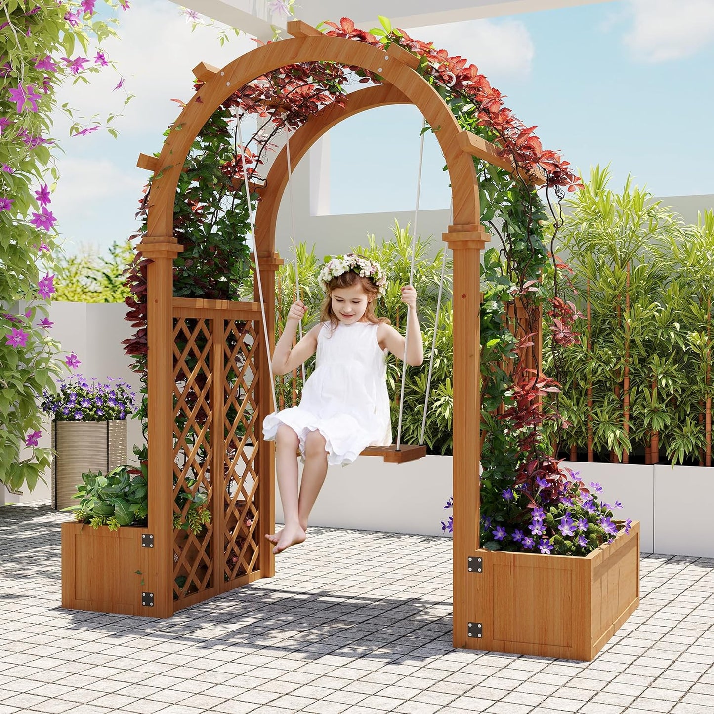 Wood Garden Arbor with Planter Boxes and Swing Outdoor Arch Trellis with Pergola for Climbing Plants Vines Grapes Backyard Wedding Party Decor